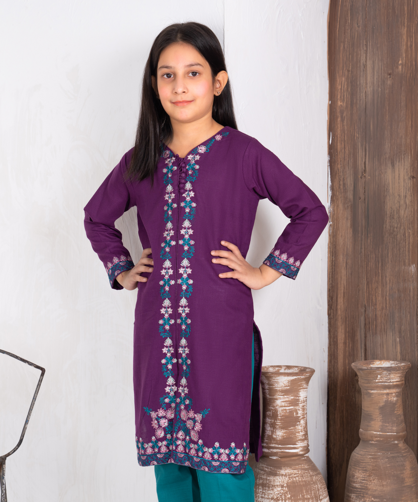 Girls Solid Embroidered Shirt