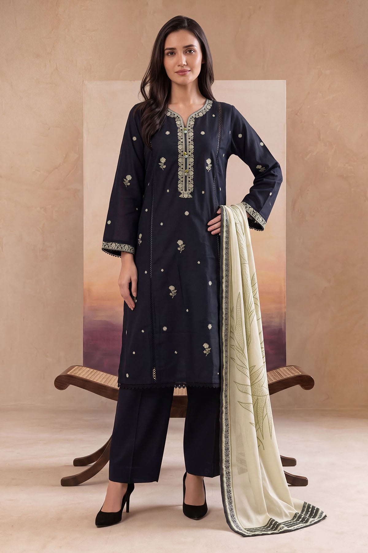 Women 3 Piece Solid Embroidered Suit - LDS1858