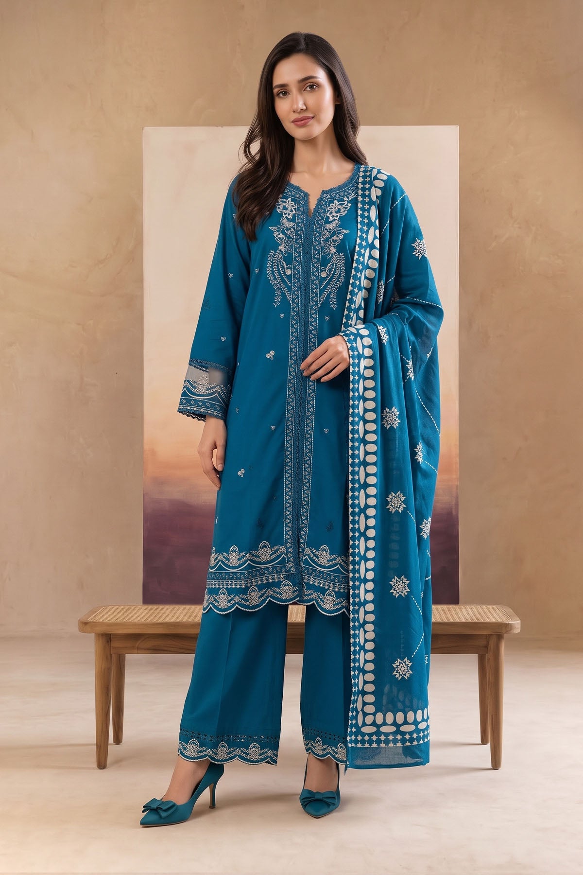 Women 3 Piece Solid Embroidered Suit - LDS2029