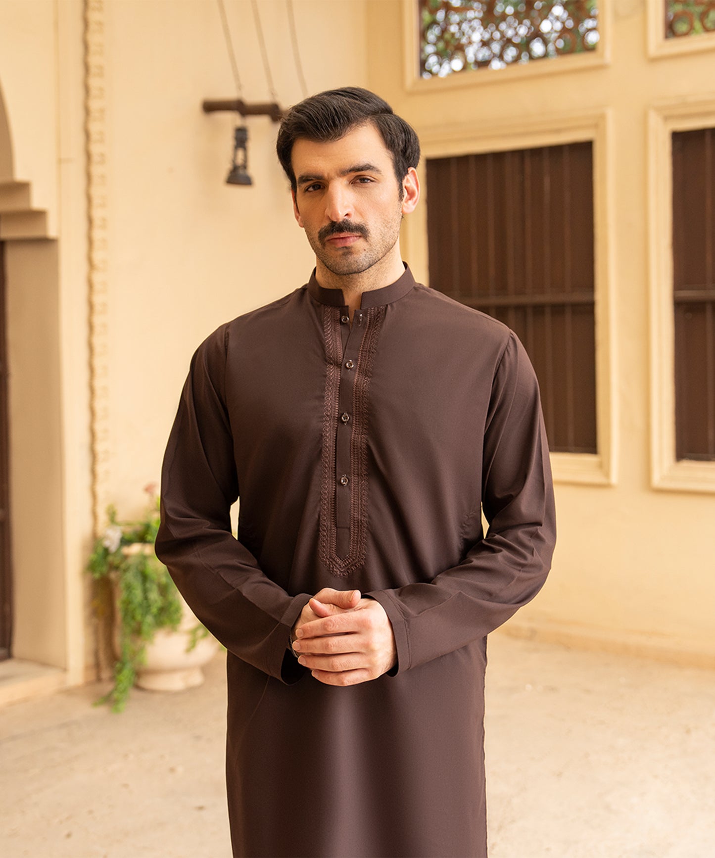 Toyo Bo Embroidered Suit Brown Men's Unstitched