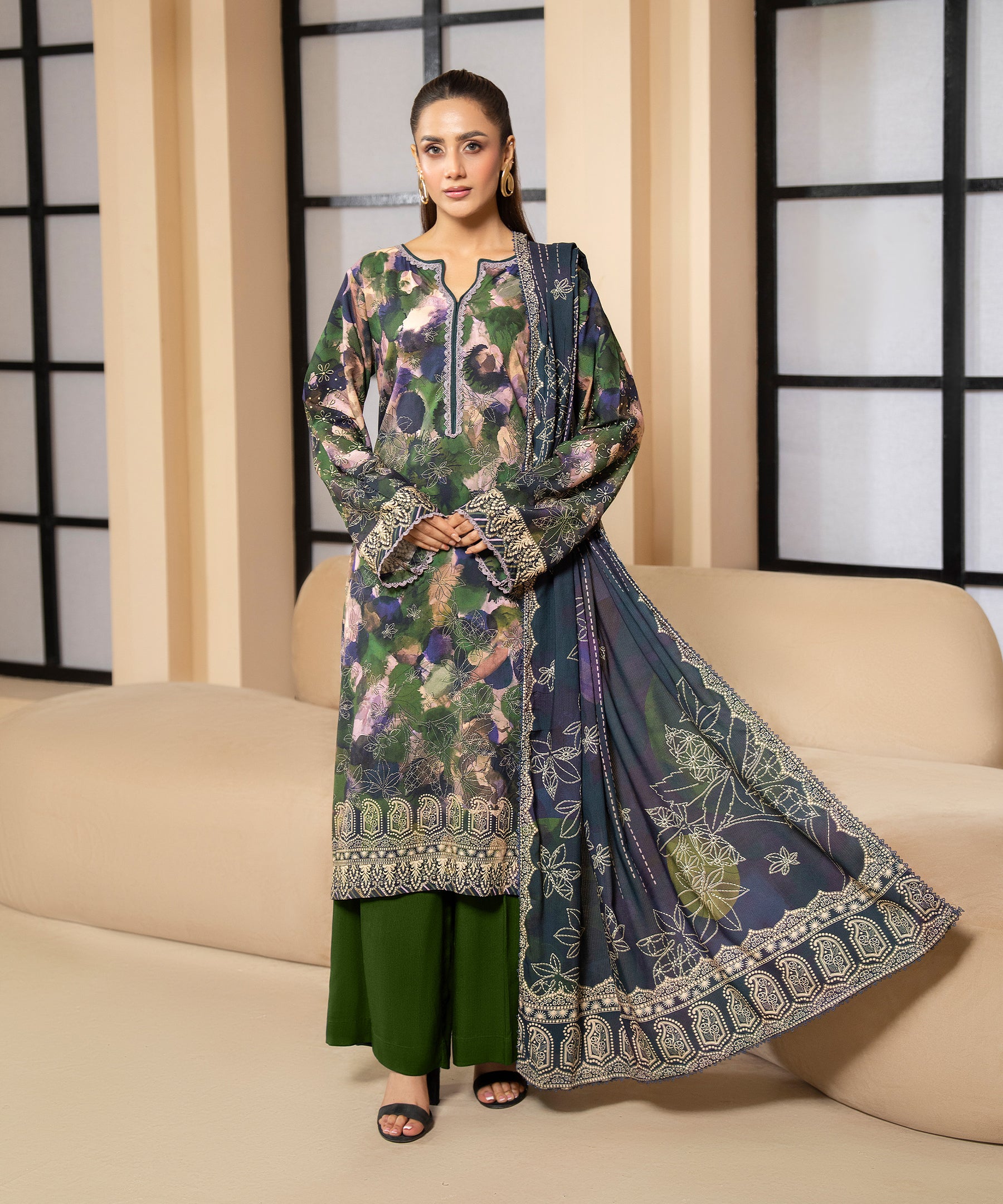 3PC Printed Textured Linen - 2002