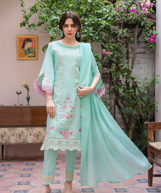 Women Solid Embroidered 3 Piece Suit - UDE234