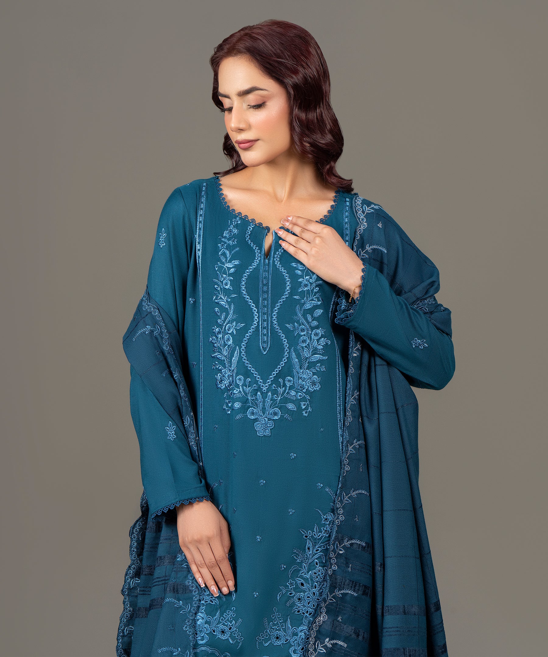 3PC Dhanak Embroidered - 2402