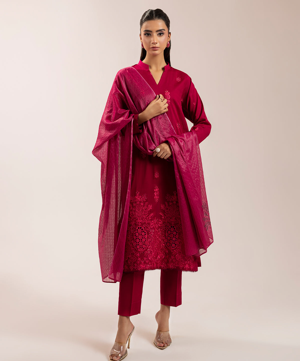 Women Solid Embroidered 3 Piece Suit - UDE240