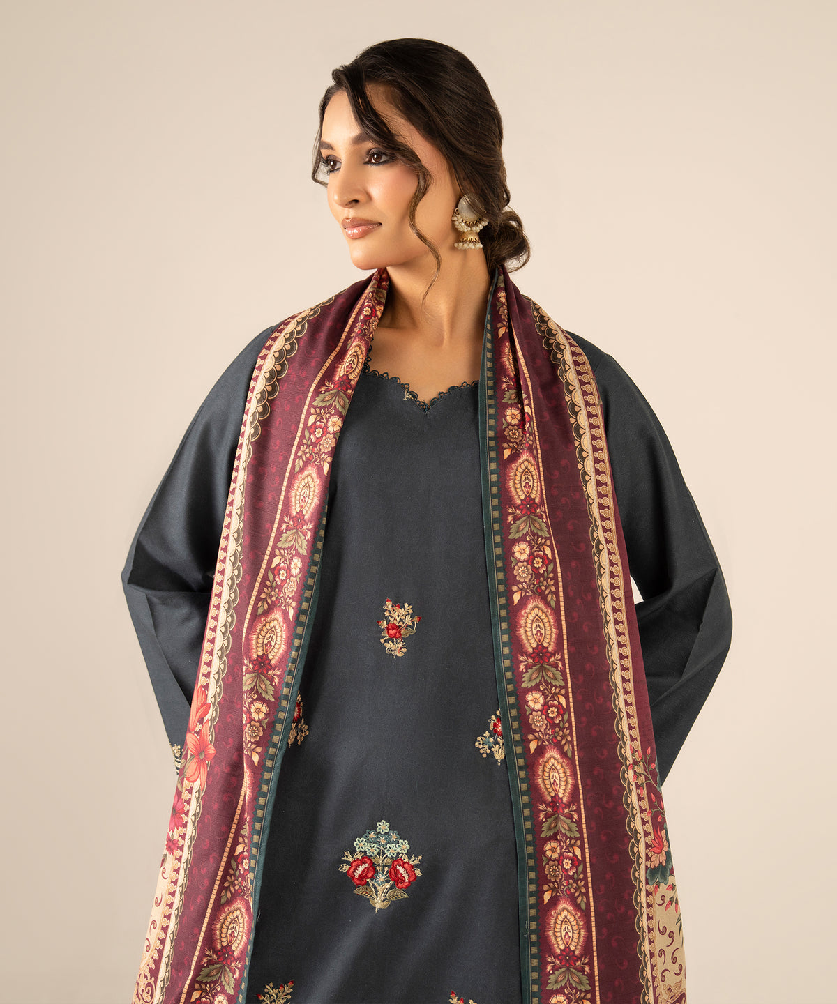 Women Printed Embroidered 3 Piece Suit - DK2609