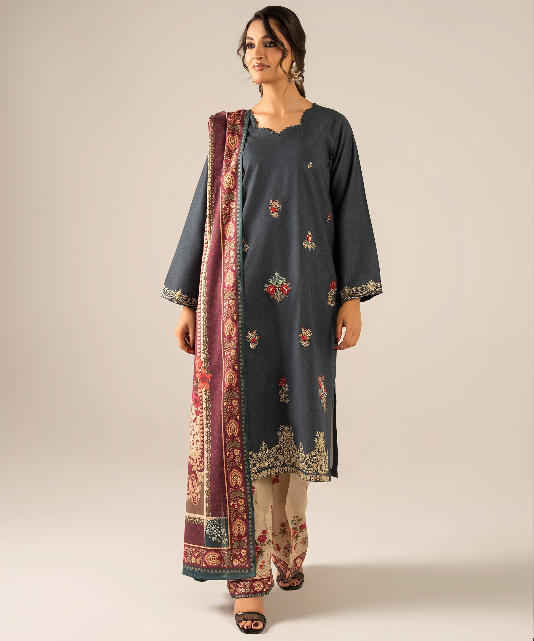 3PC Printed Embroidered Khaddar - 2609