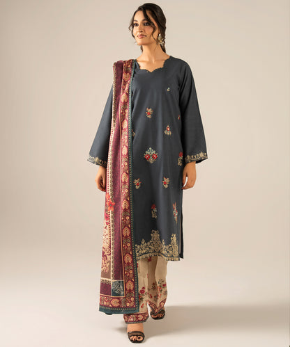Women Printed Embroidered 3 Piece Suit - DK2609