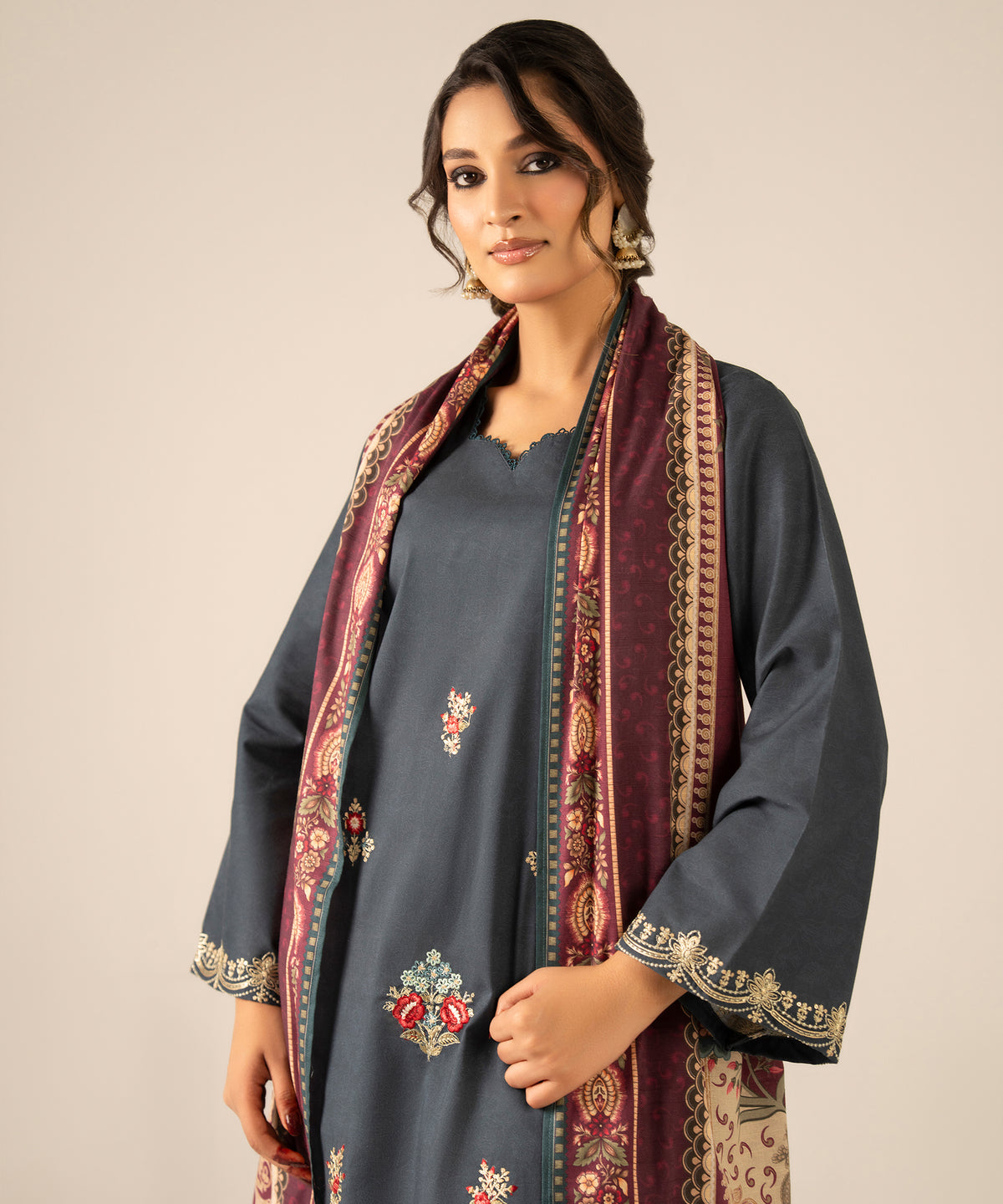 Women Printed Embroidered 3 Piece Suit - DK2609