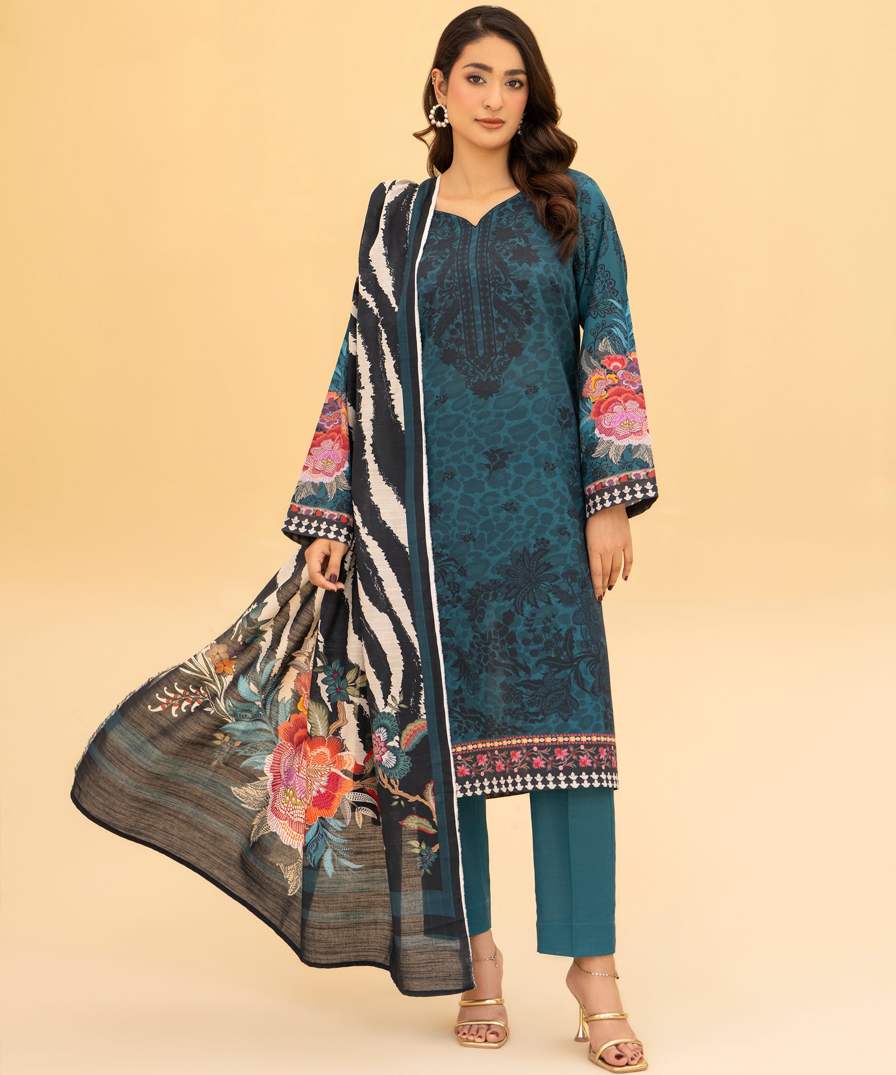 3PC Printed Slub Khaddar - 2613
