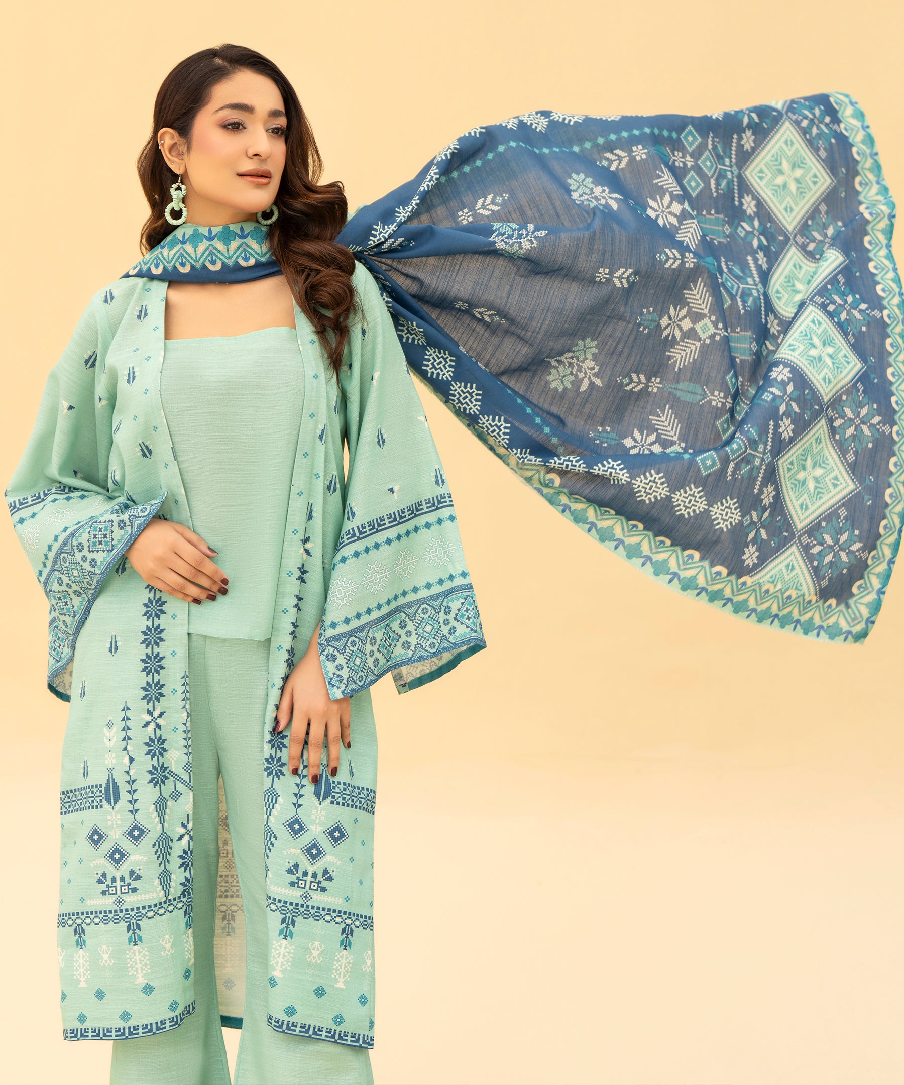3PC Printed Slub Khaddar - 2614