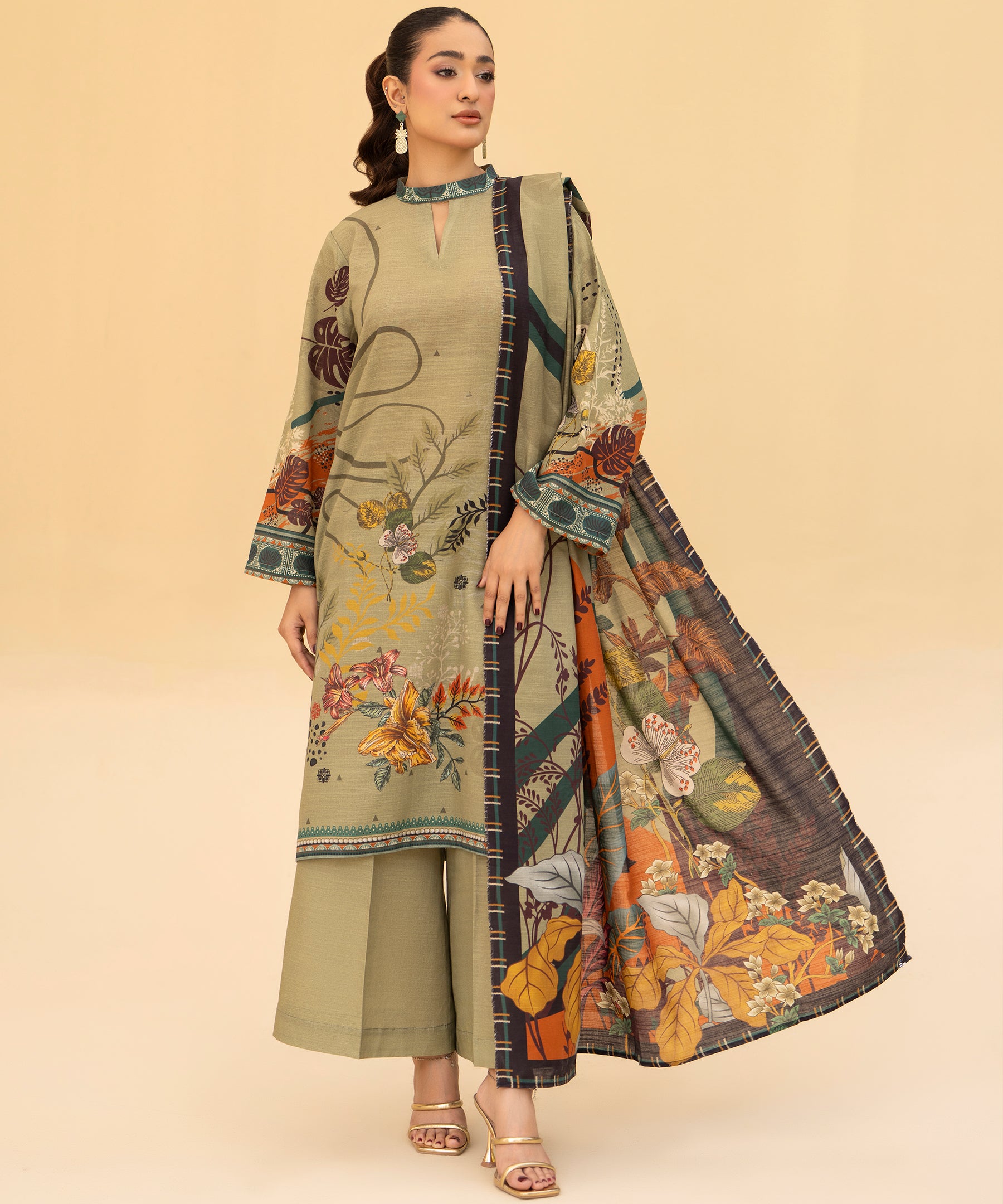 3PC Printed Slub Khaddar - 2616