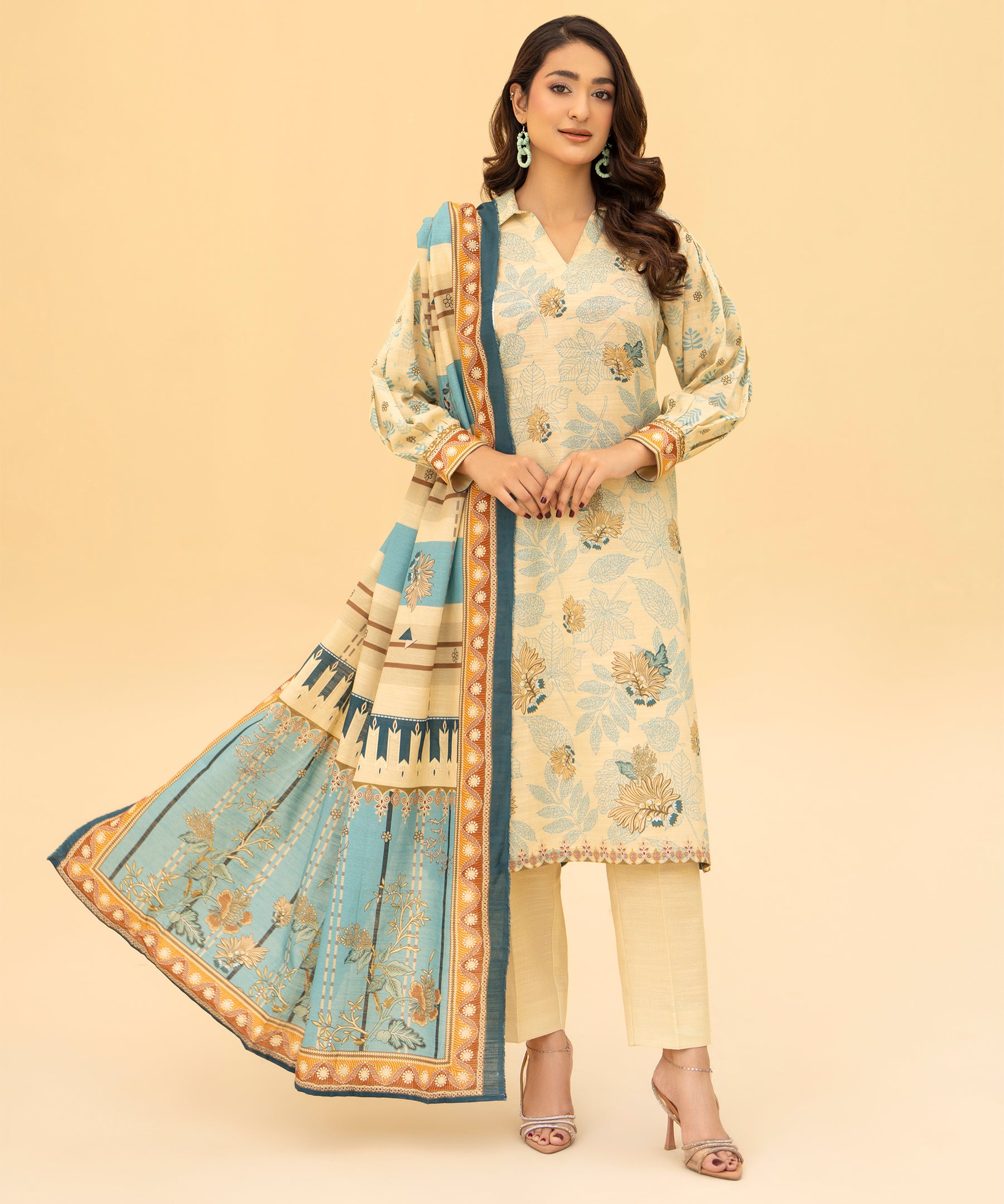 3PC Printed Slub Khaddar - 2618