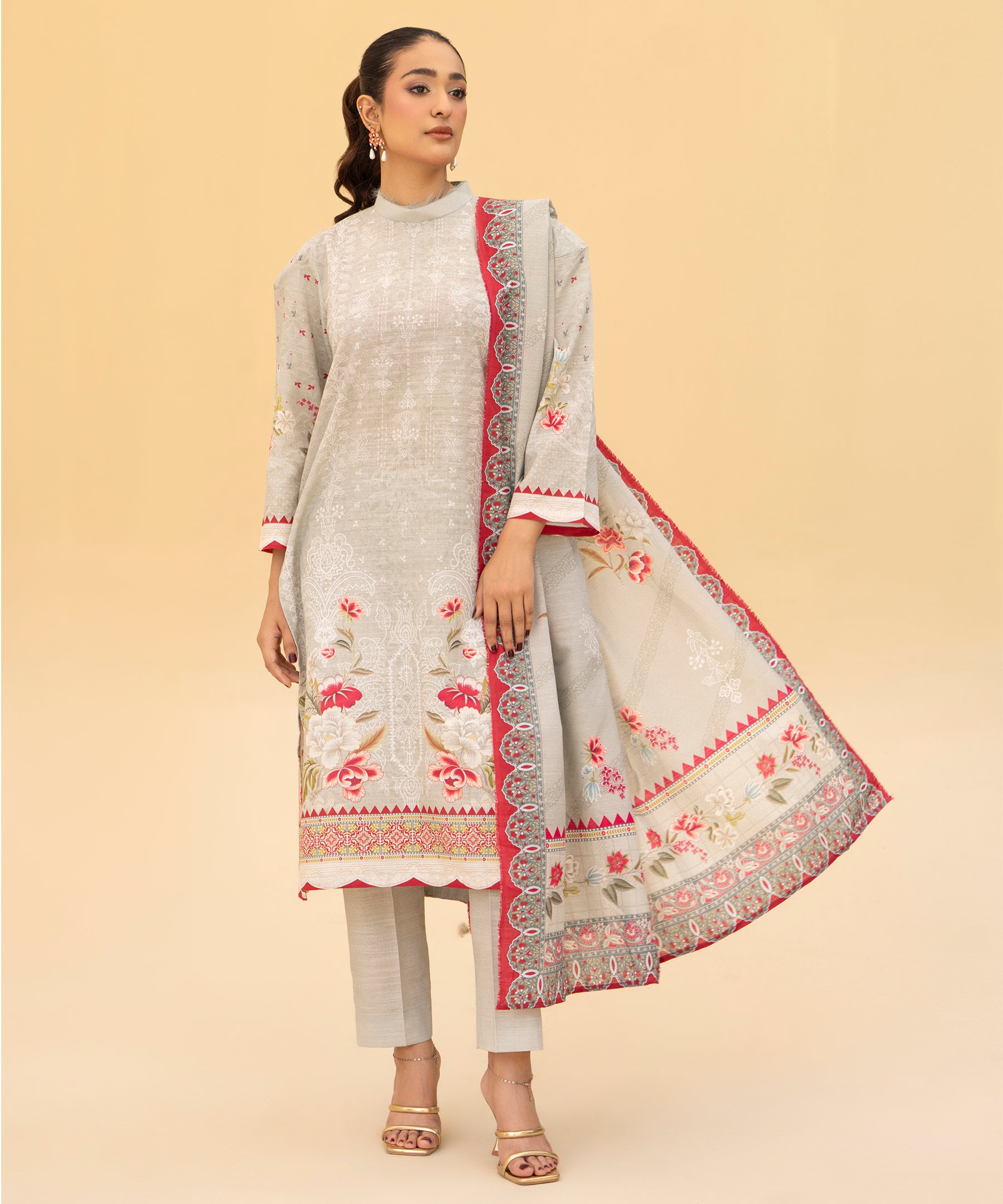 3PC Printed Slub Khaddar - 2619