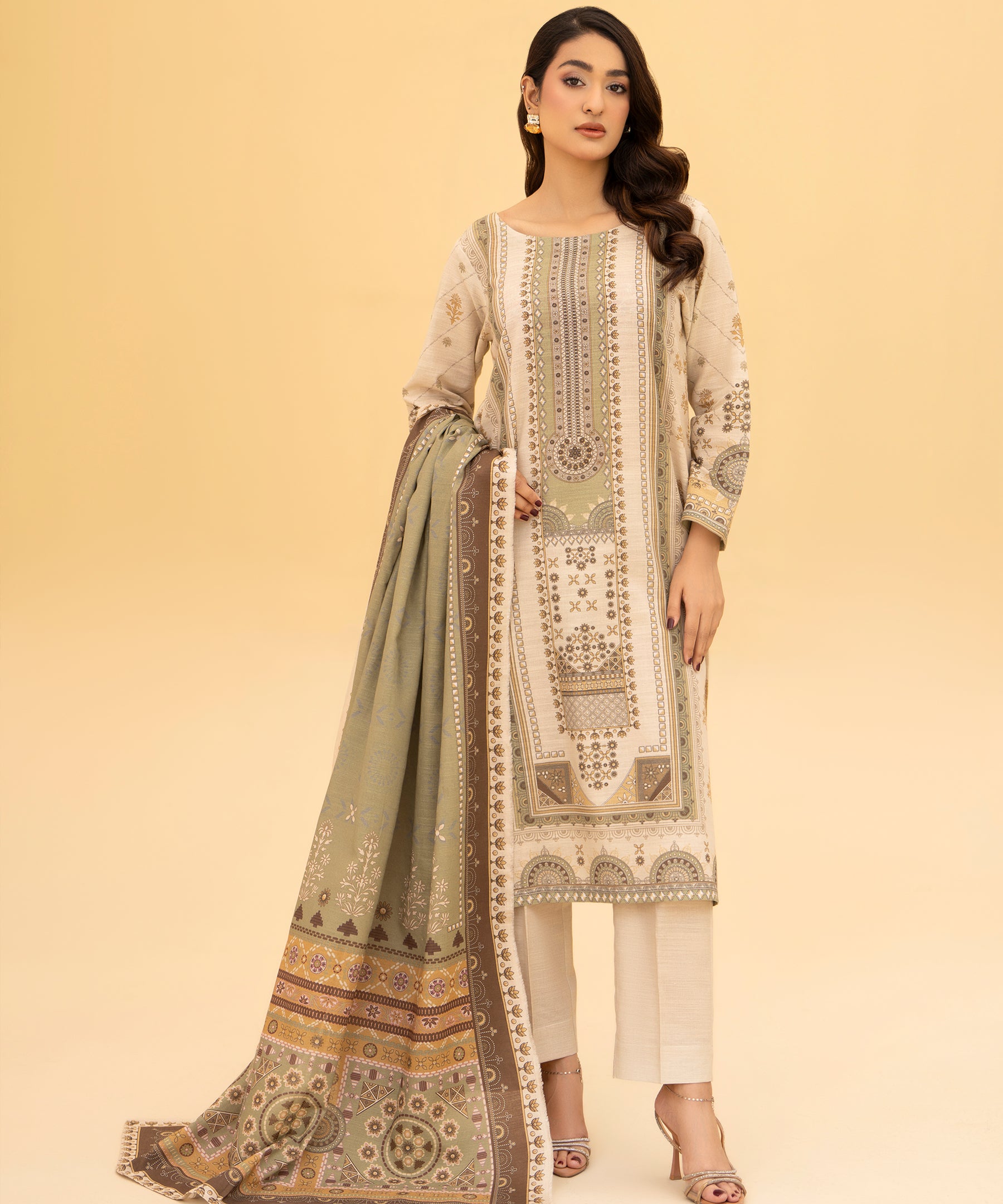 3PC Printed Slub Khaddar - 2620