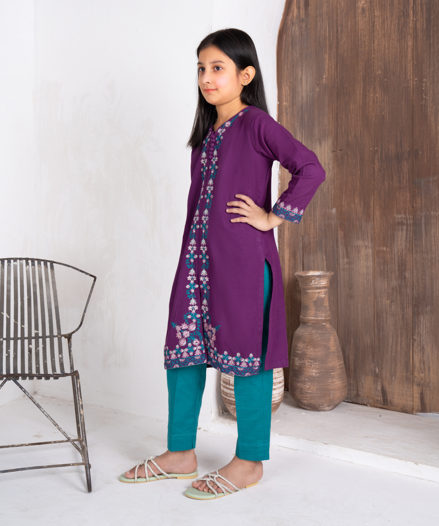 Girls Solid Embroidered Shirt