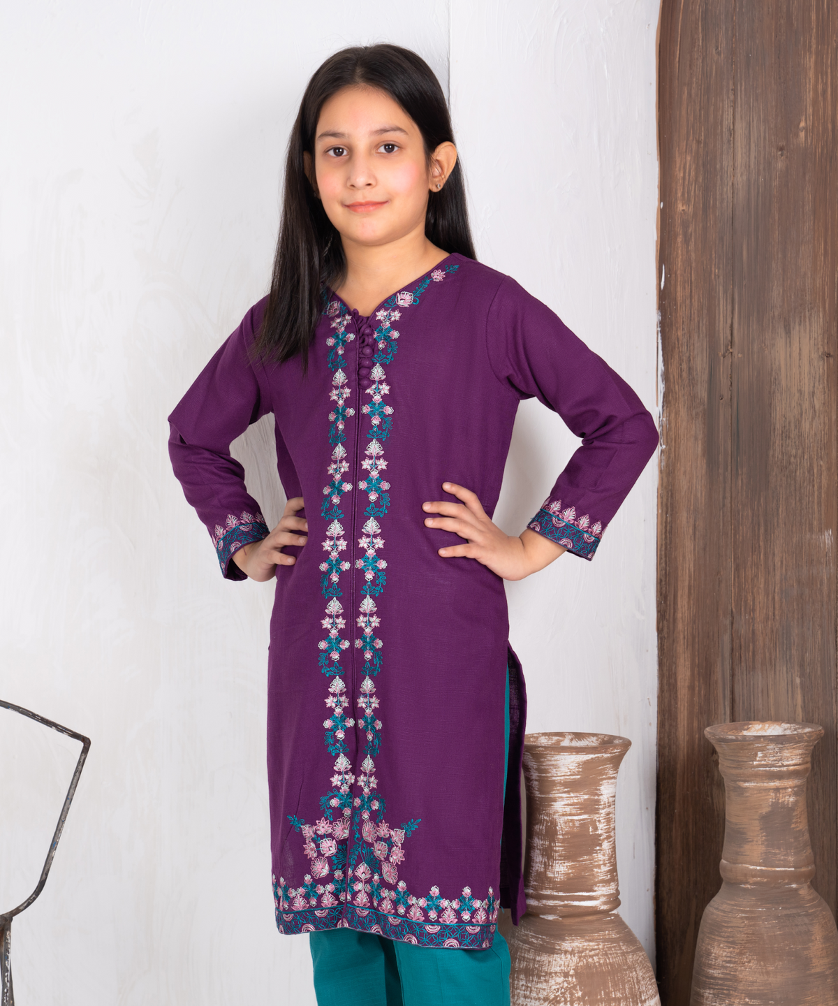 Girls Solid Embroidered Shirt