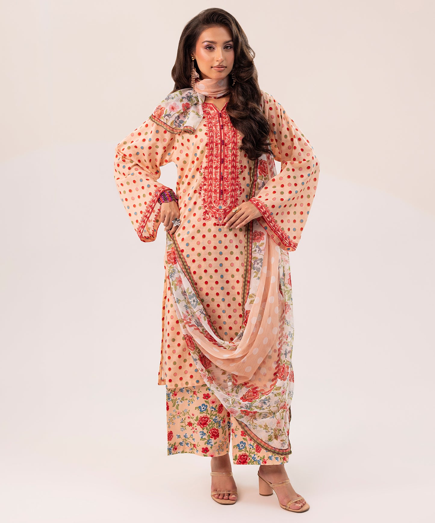 3PC Printed Embroidered Suit - LDS 1083