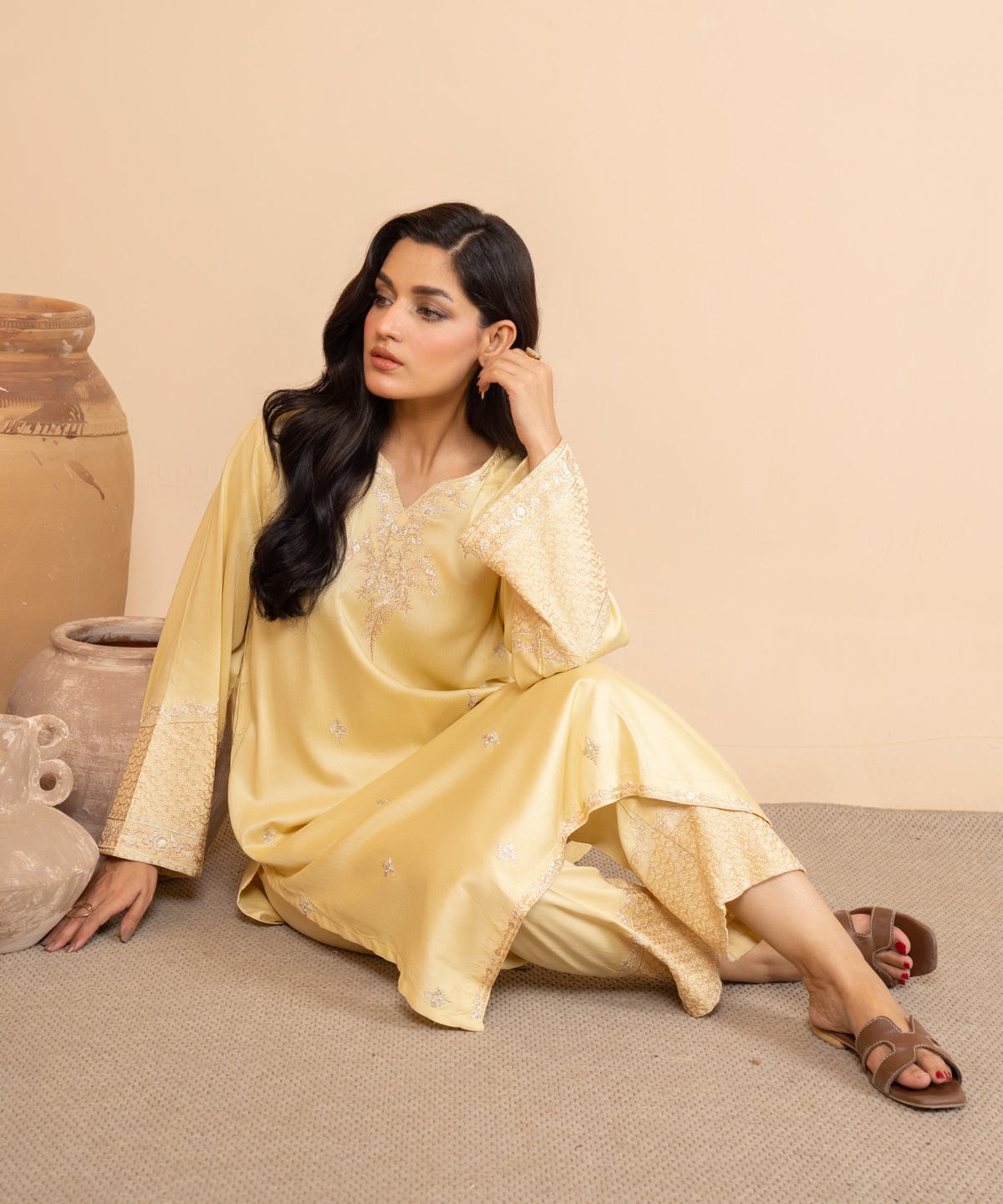 2PC Solid Embroidered Suit - LDS 1006