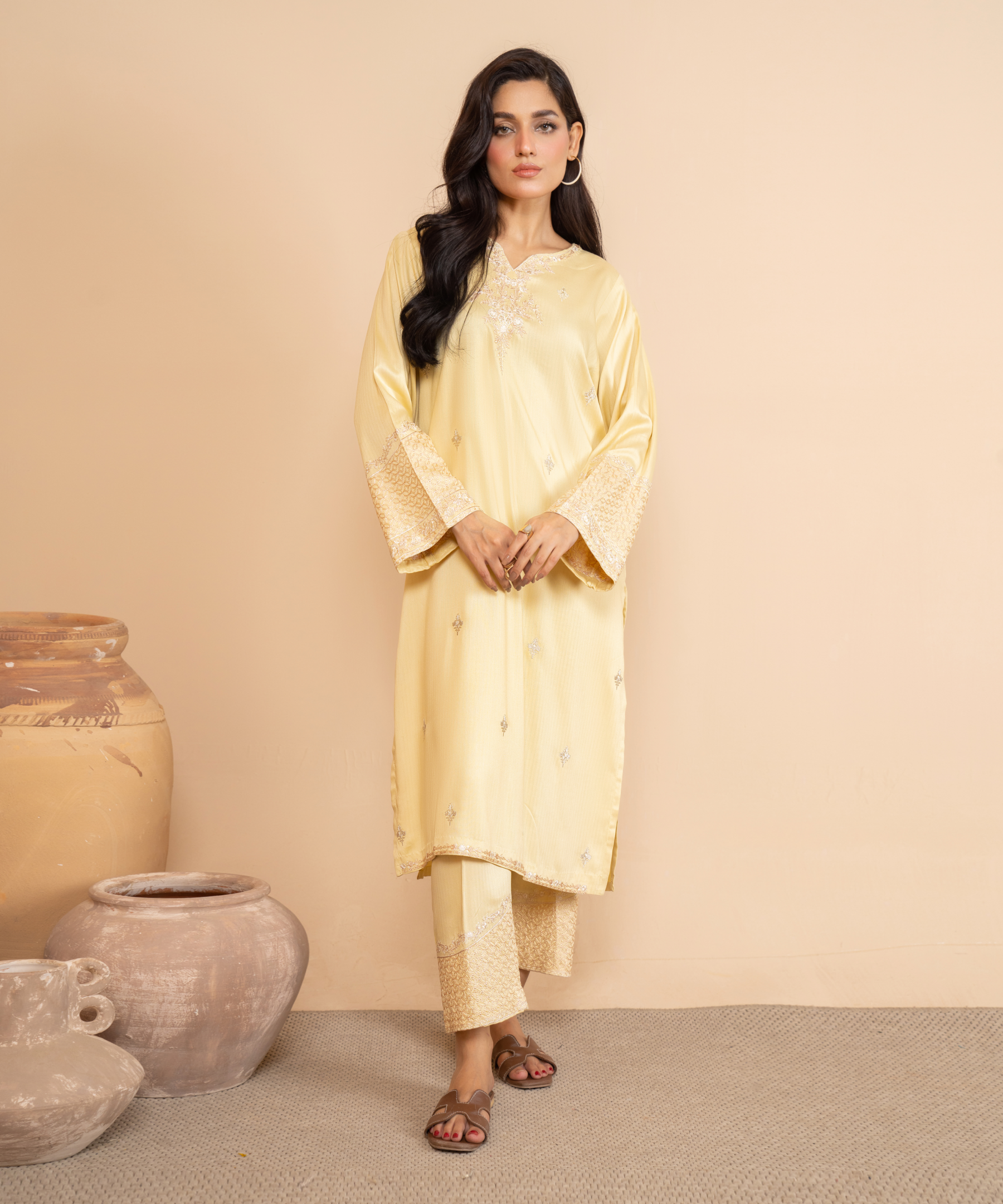 2PC Solid Embroidered Suit - LDS 1006