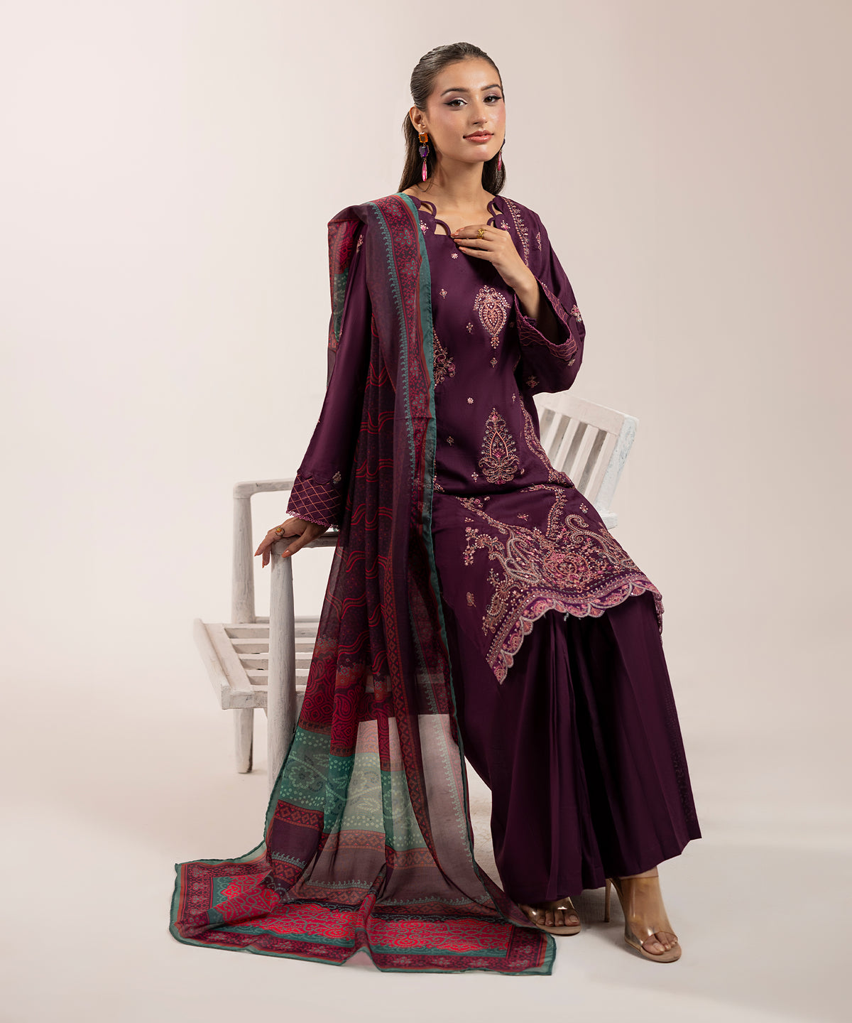 Women Solid Embroidered 3 Piece Suit - ARTY64