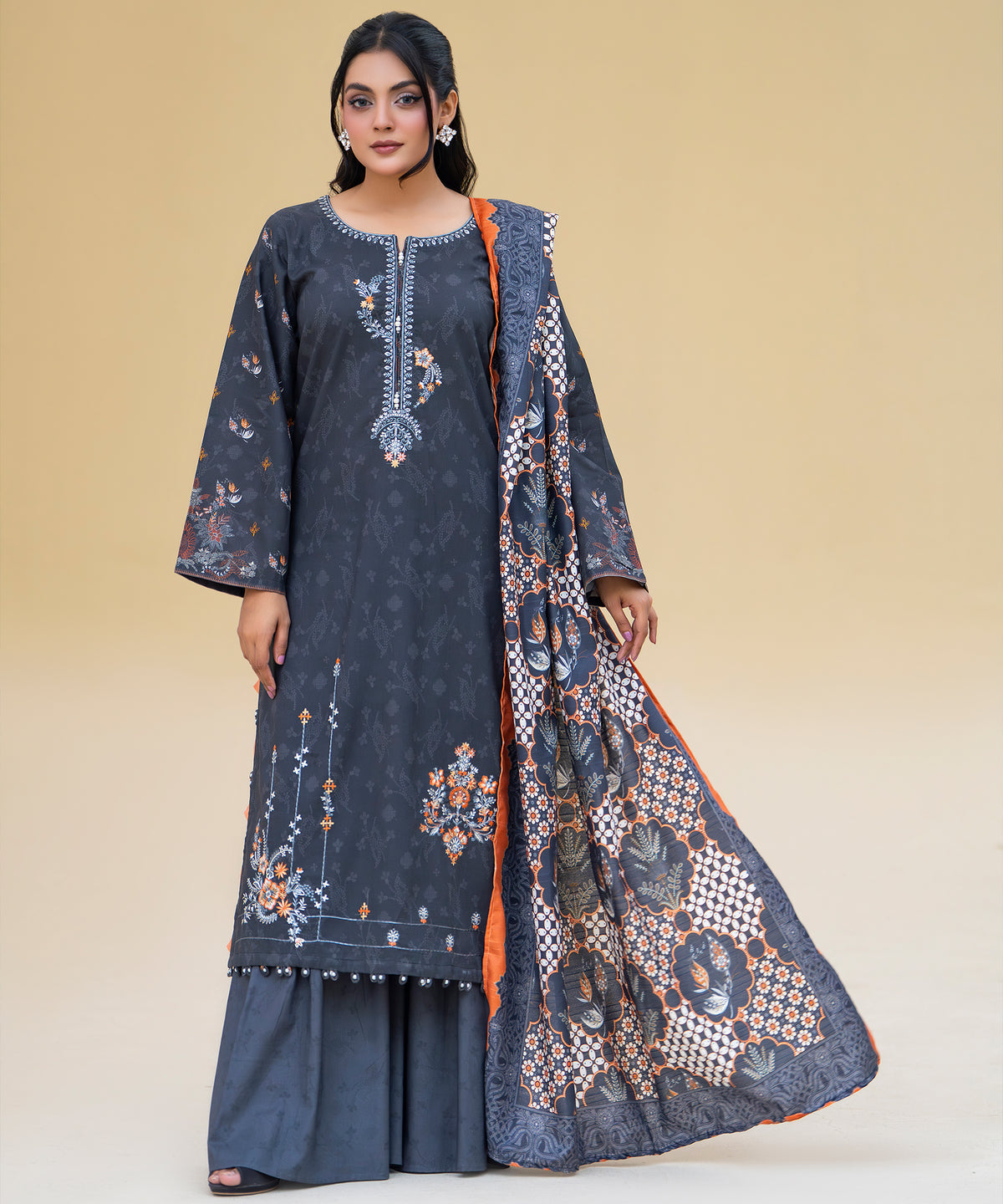 Women Printed Embroidered 3 Piece Suit - CLAC82