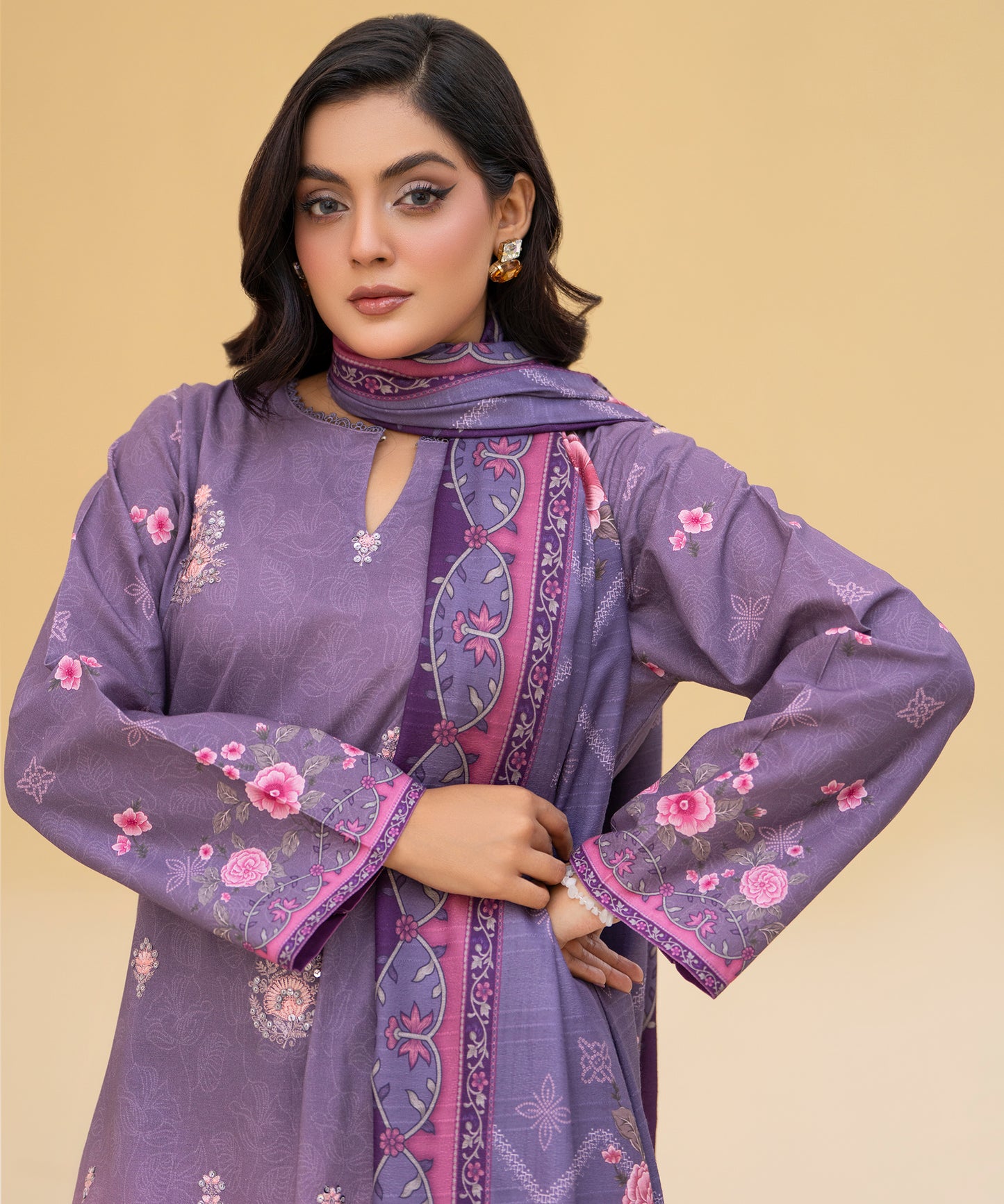 Women Printed Embroidered 3 Piece Suit - CLAC85