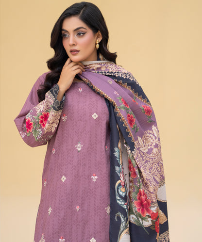Women Printed Embroidered 3 Piece Suit - CLAC86