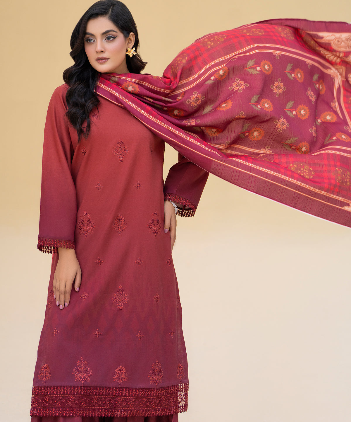 Women Printed Embroidered 3 Piece Suit - CLAC87