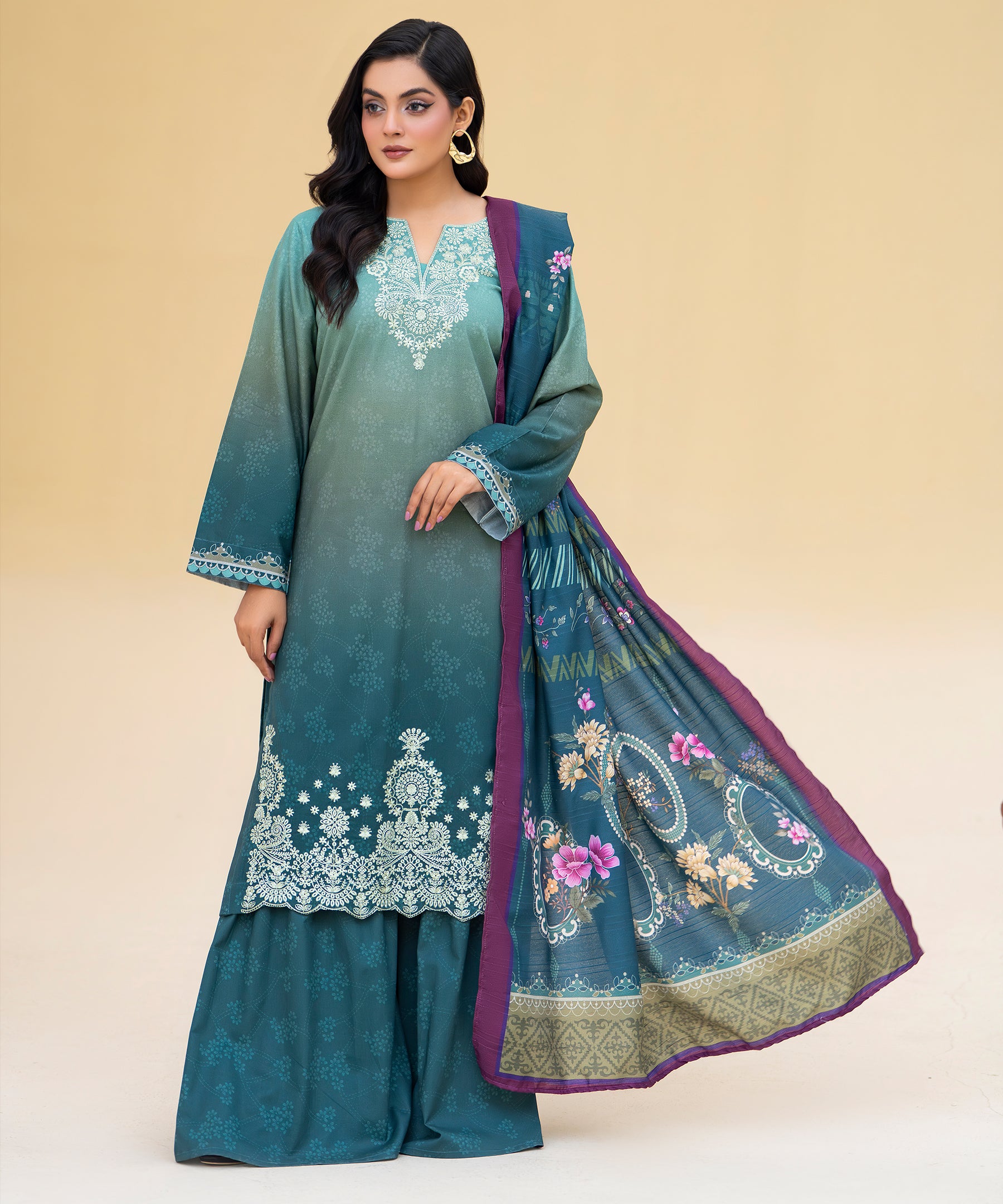 3PC Printed Embroidered Khaddar - 88
