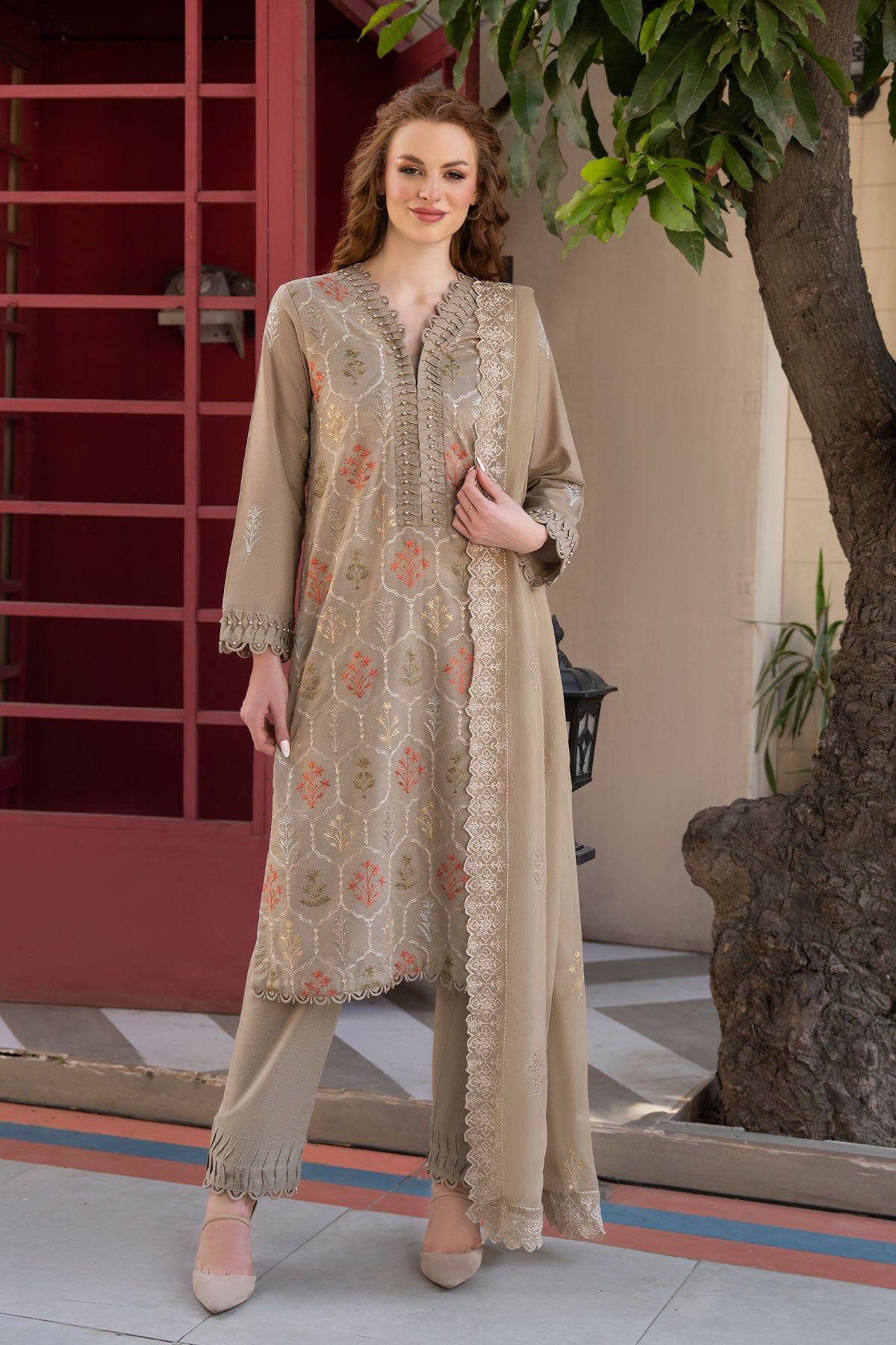 Women Solid Embroidered 3 Piece Suit - ATY004