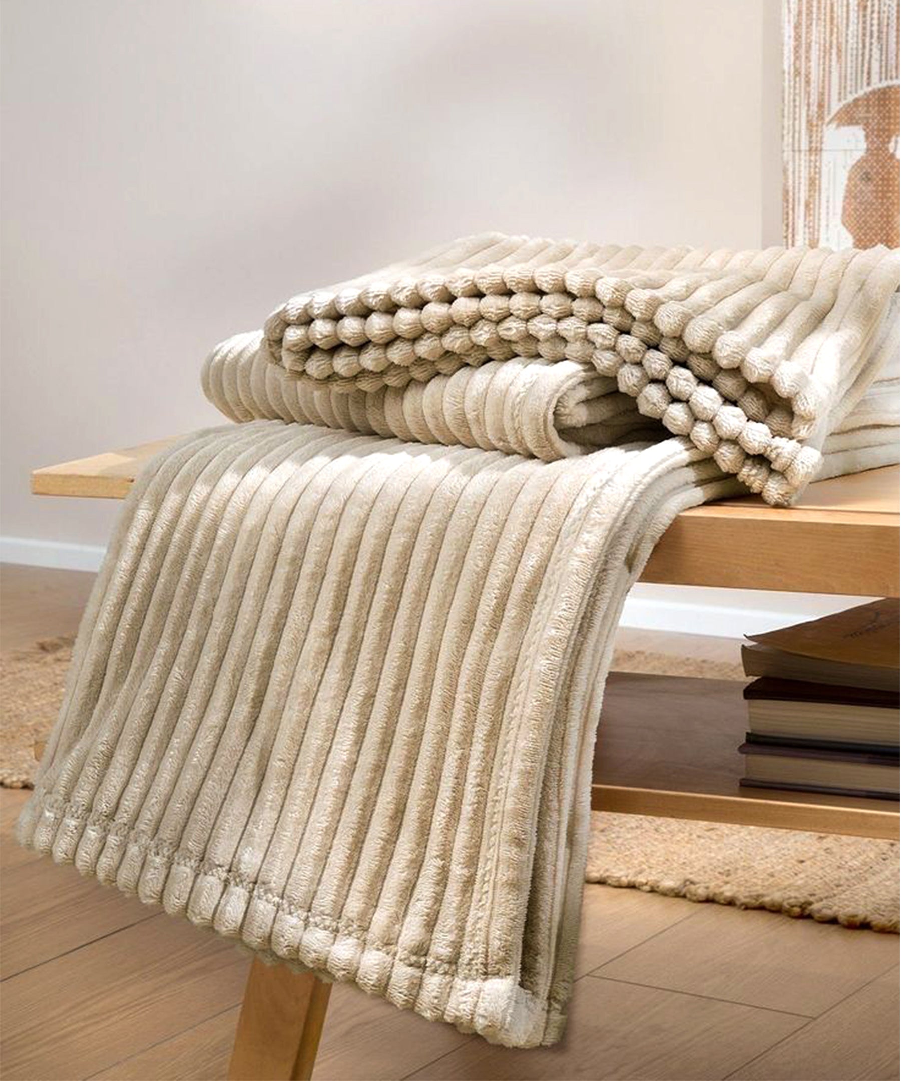 Strip Fleece Blanket - Beige