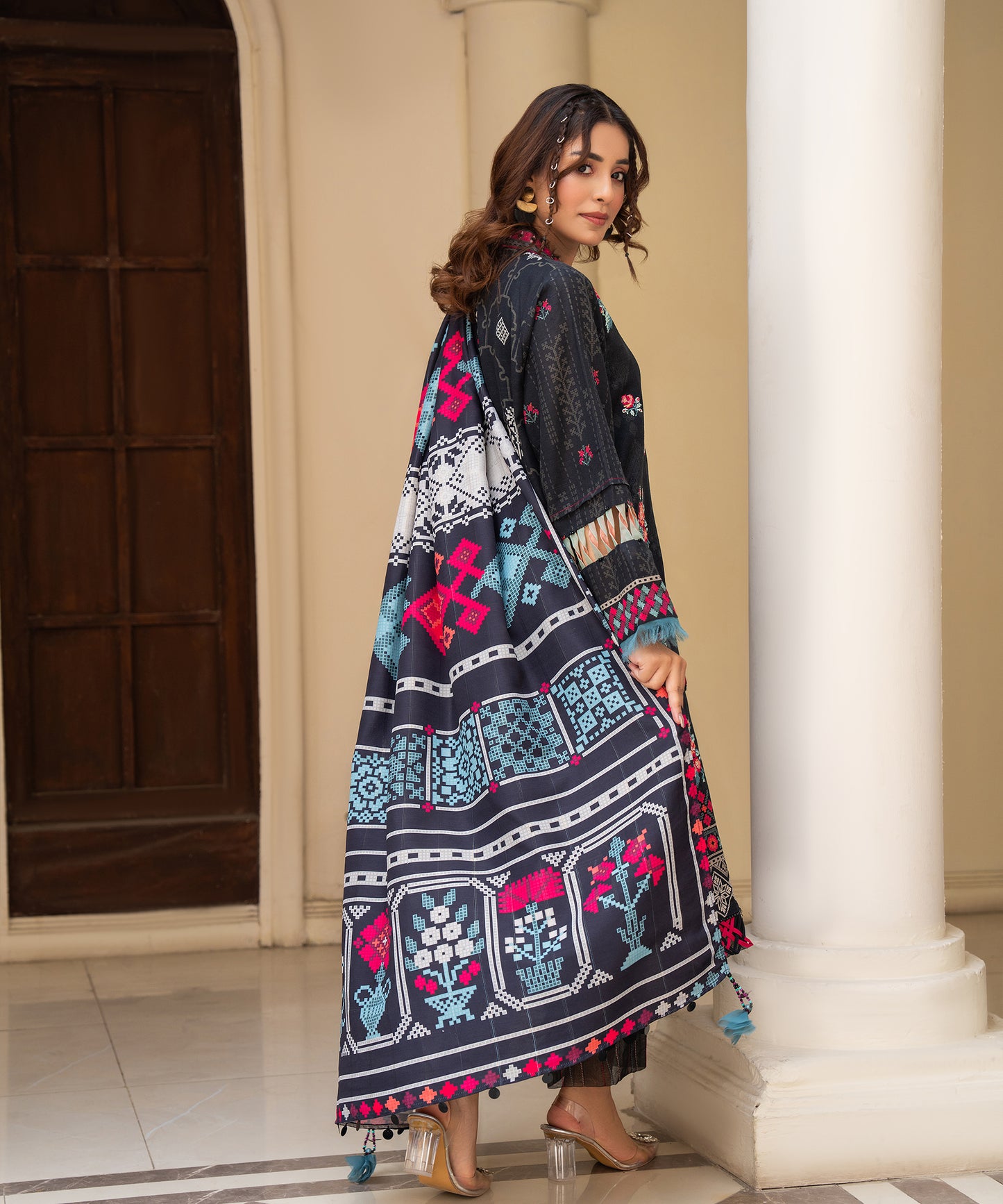 Women Printed Embroidered 3 Piece Suit - CLAC45