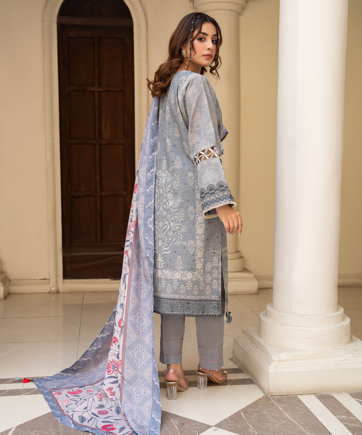 Women Printed Embroidered 3 Piece Suit - CLAC46