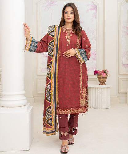 Women Printed Embroidered 3 Piece Suit - CLAC52