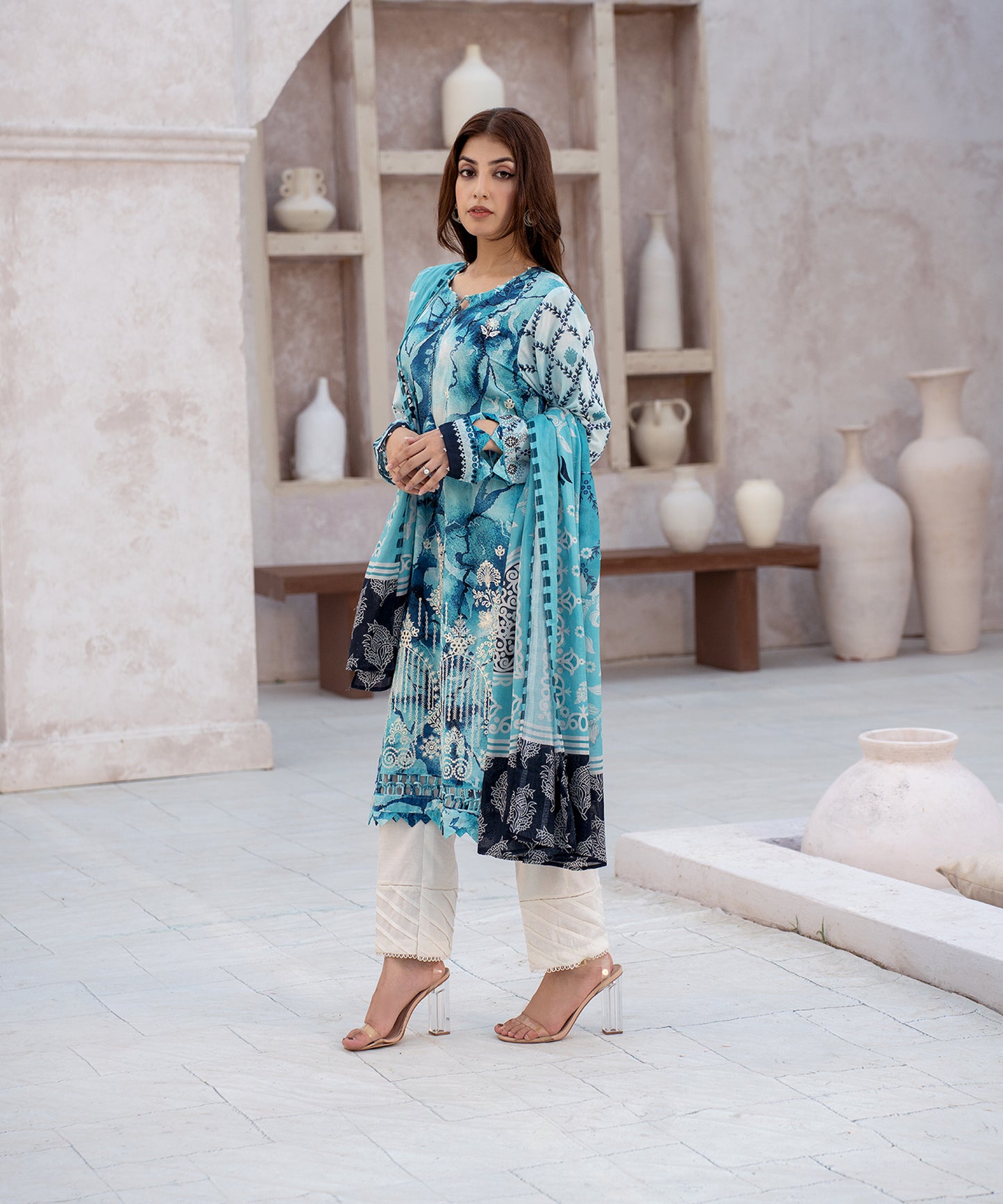 Women Printed Embroidered 3 Piece Suit - CLC555