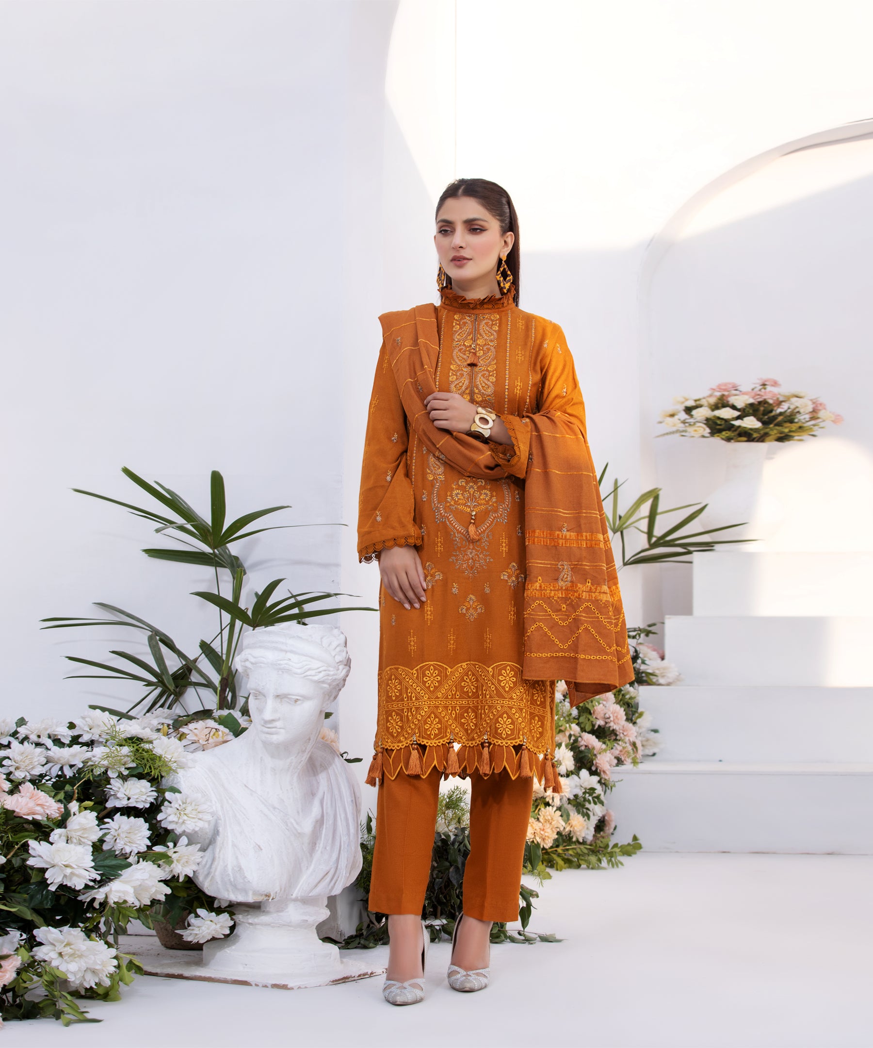 3PC Embroidered Peach Collection - 009