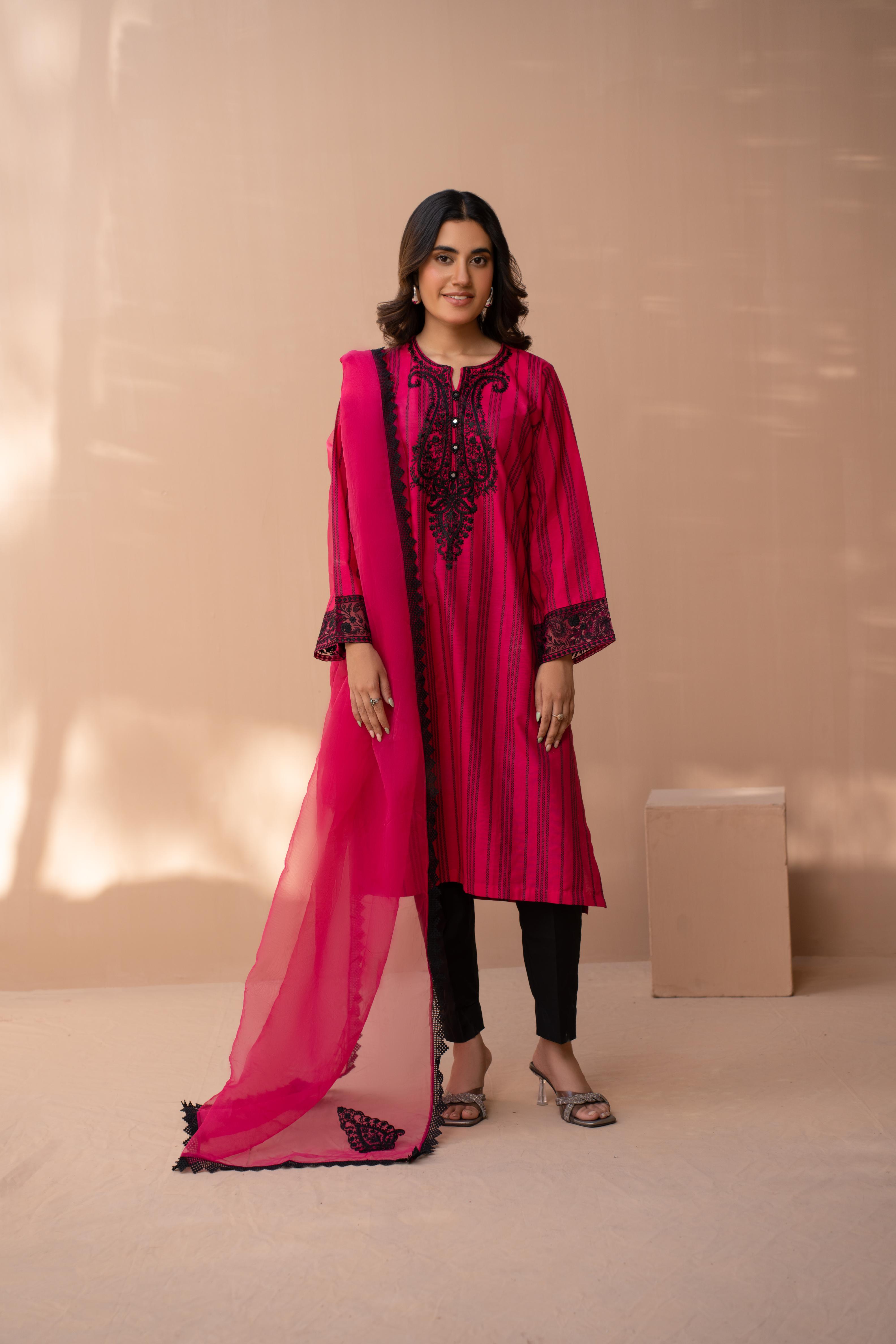 2PC Solid Embroidered Suit - LDS 882