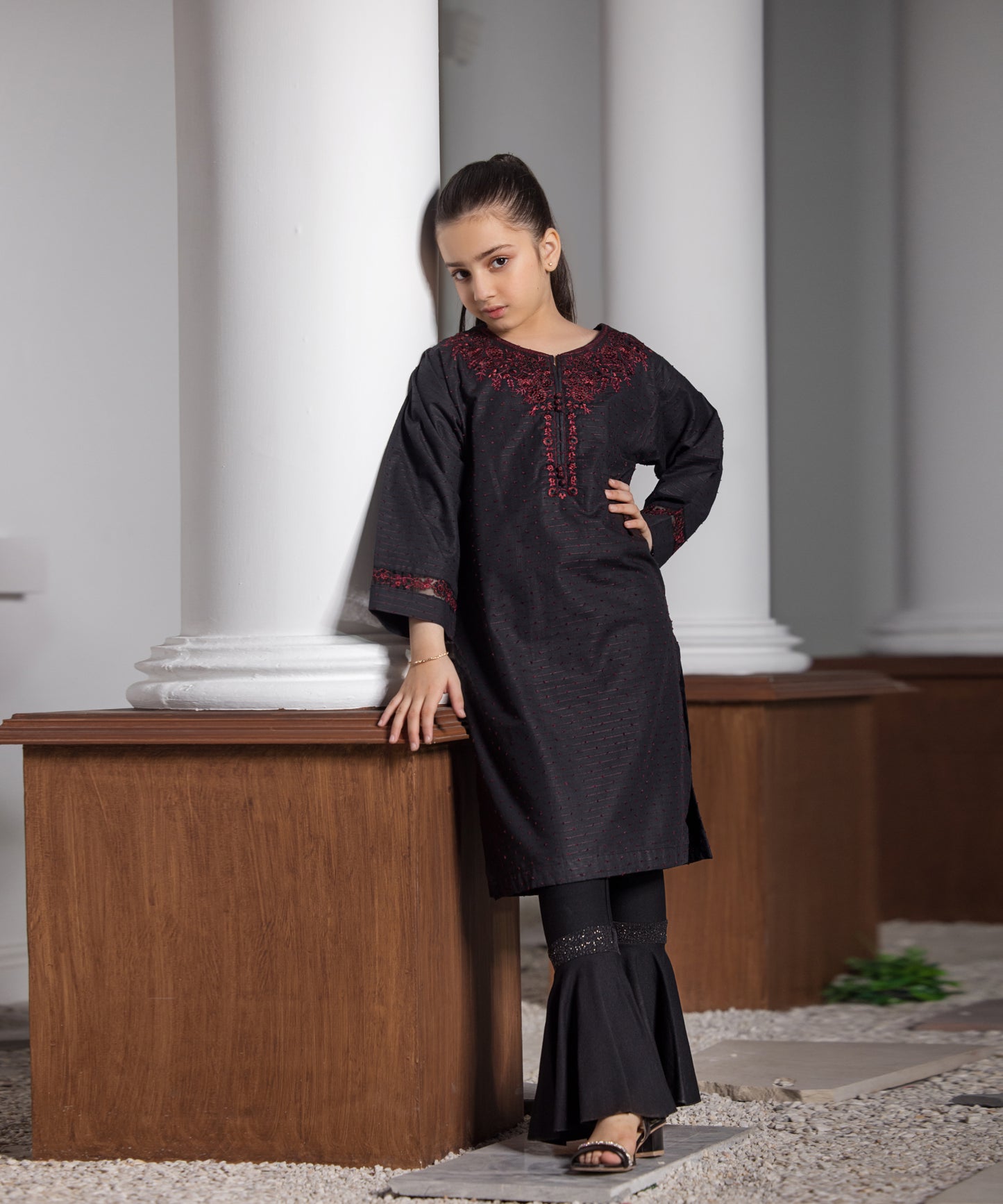 Girls Solid Embroidered Shirt
