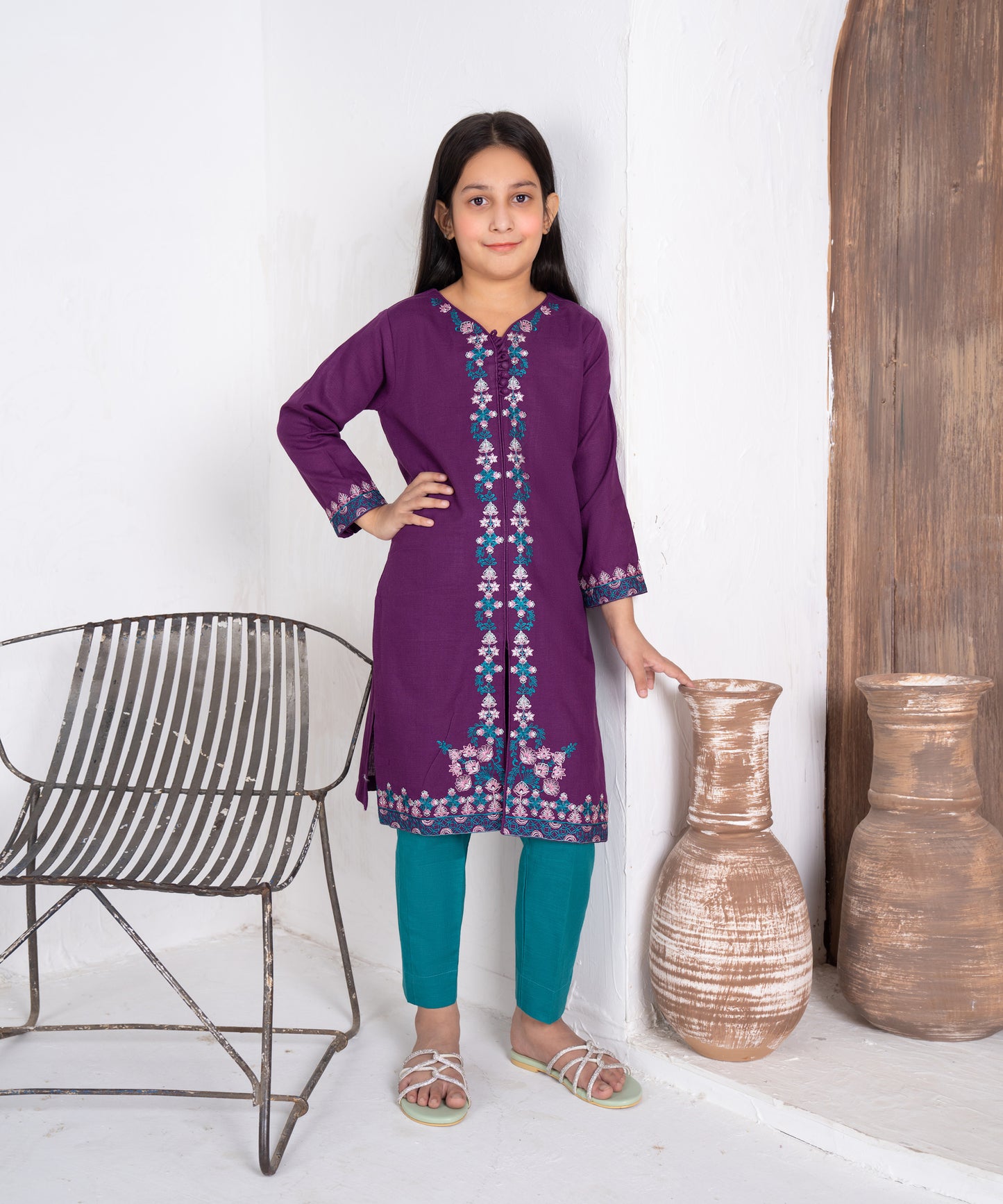 Girls Solid Embroidered Shirt