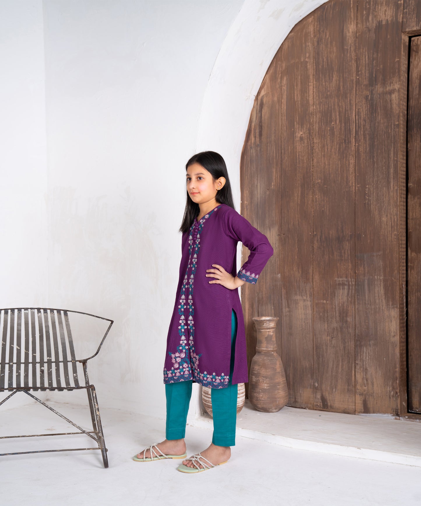 Girls Solid Embroidered Shirt