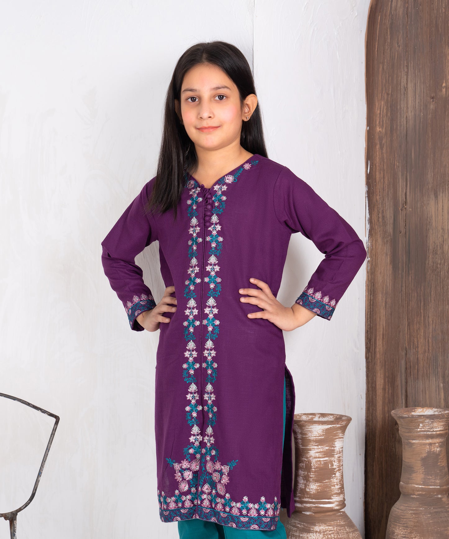 Girls Solid Embroidered Shirt