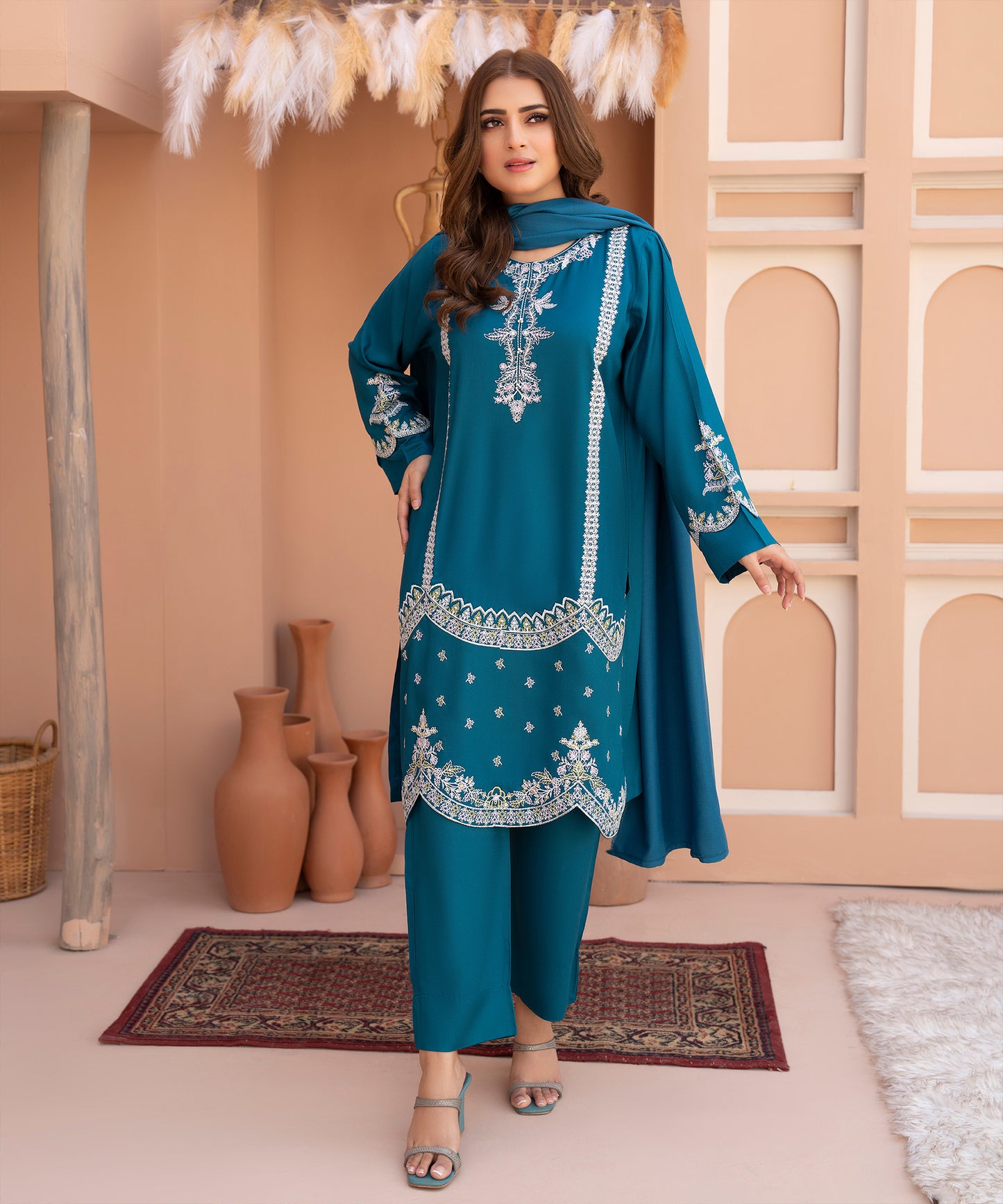 Women Solid Embroidered 3 Piece Suit - LDS1026