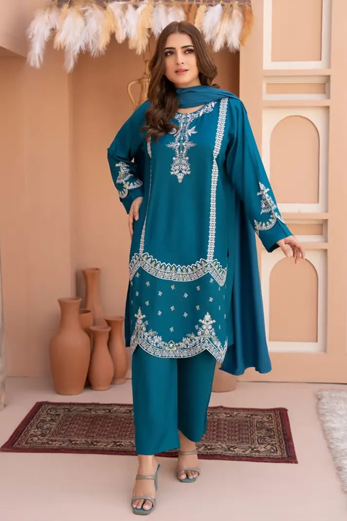 Women Solid Embroidered 3 Piece Suit - LDS1026