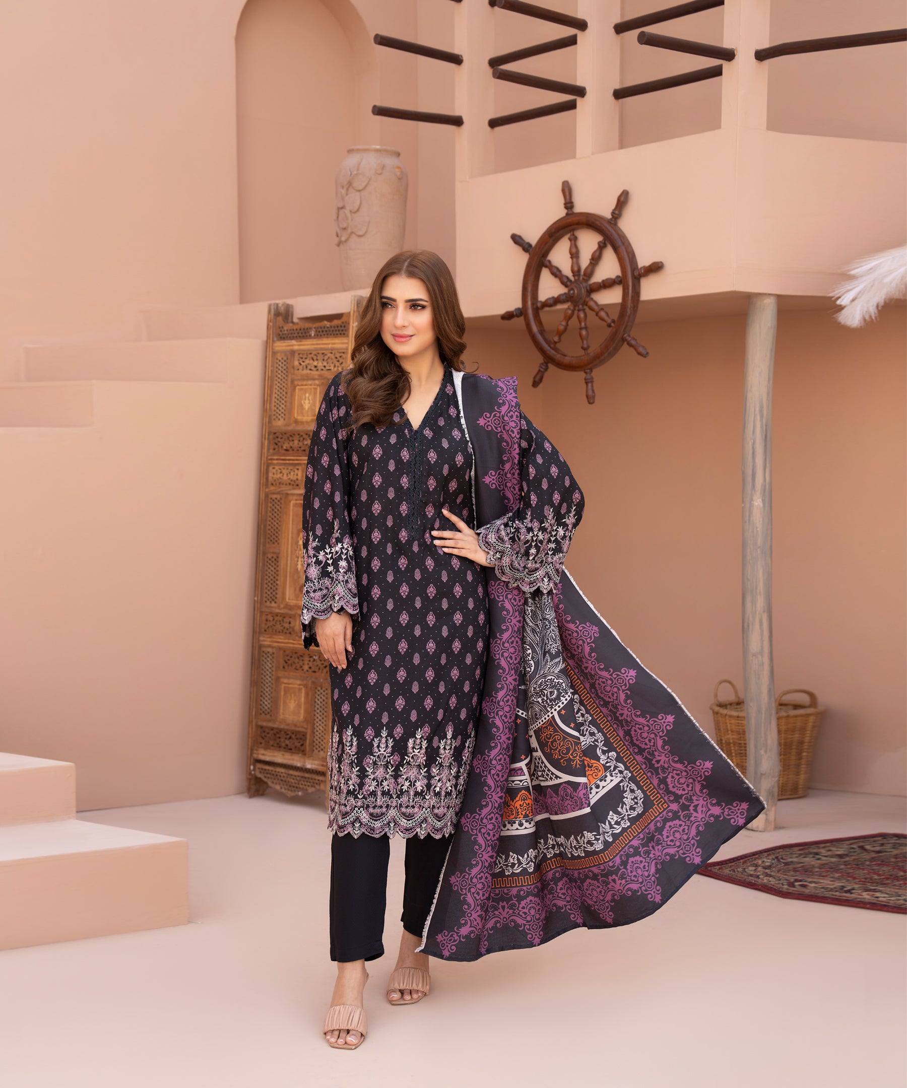 2PC Solid Embroidered Suit - LDS 1027