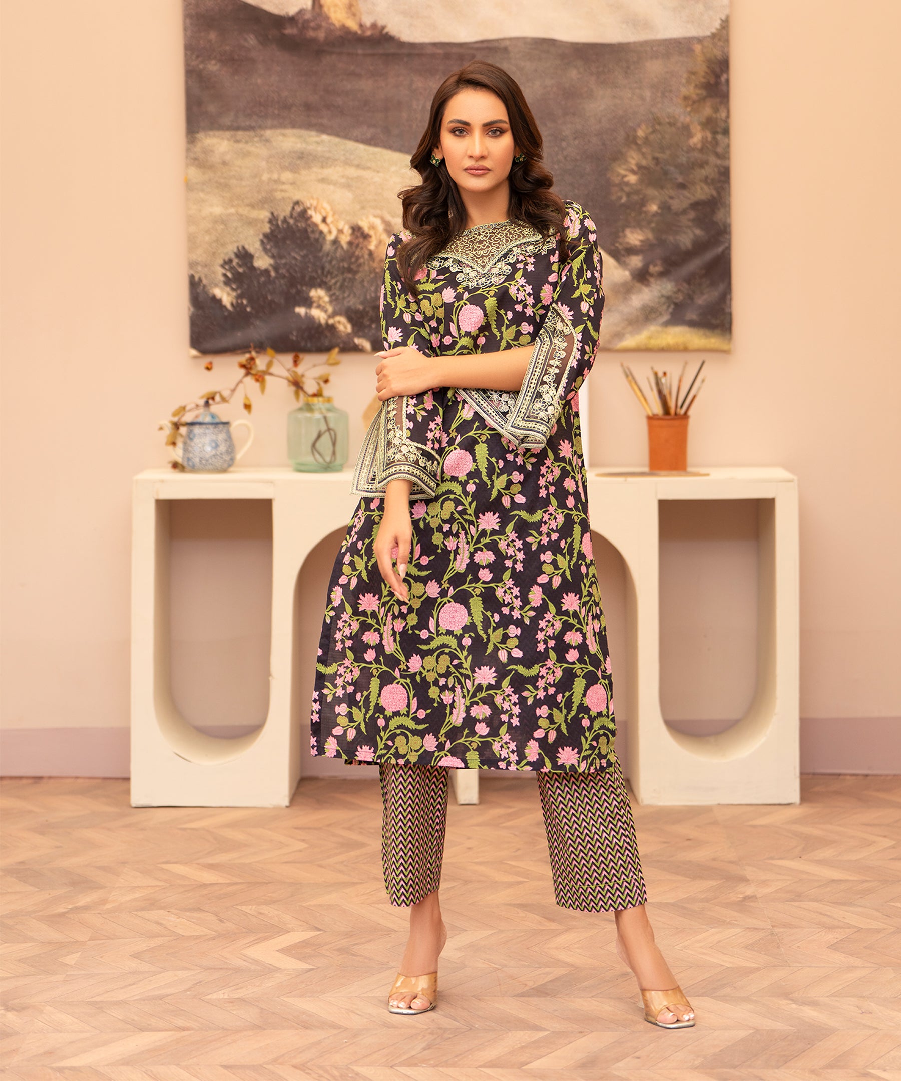2PC Printed Embroidered Suit - LDS 1080
