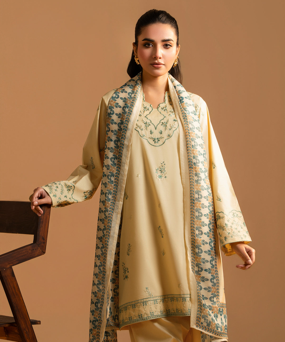 3PC Solid Embroidered Suit - LDS 1353