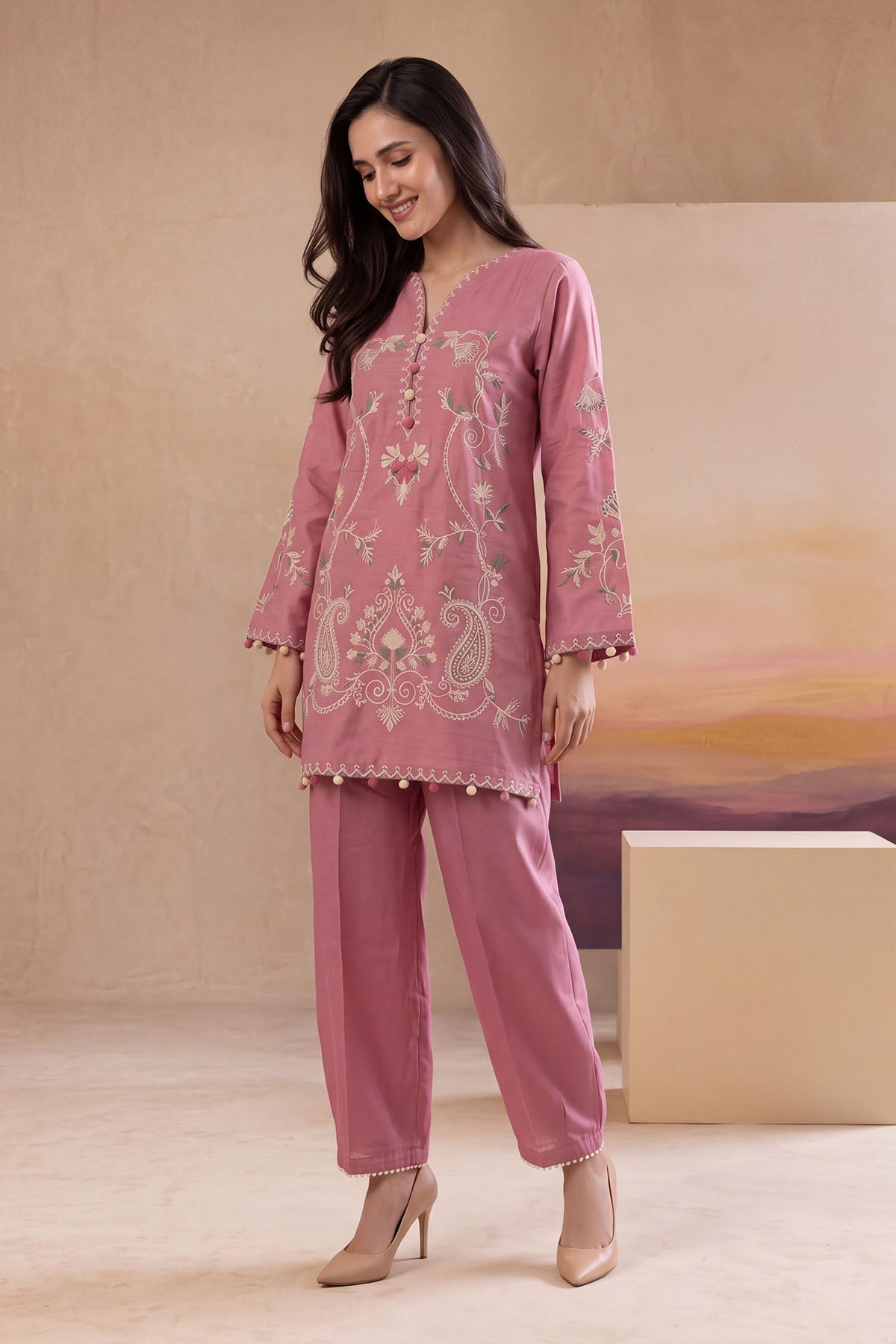 Women 2 Piece Solid Embroidered Suit - LDS1372