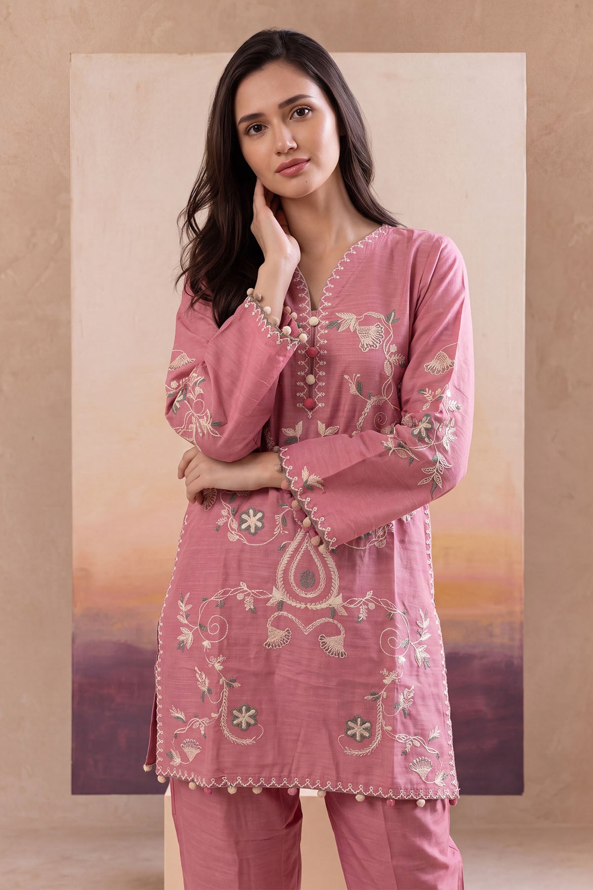 Women 2 Piece Solid Embroidered Suit - LDS1372