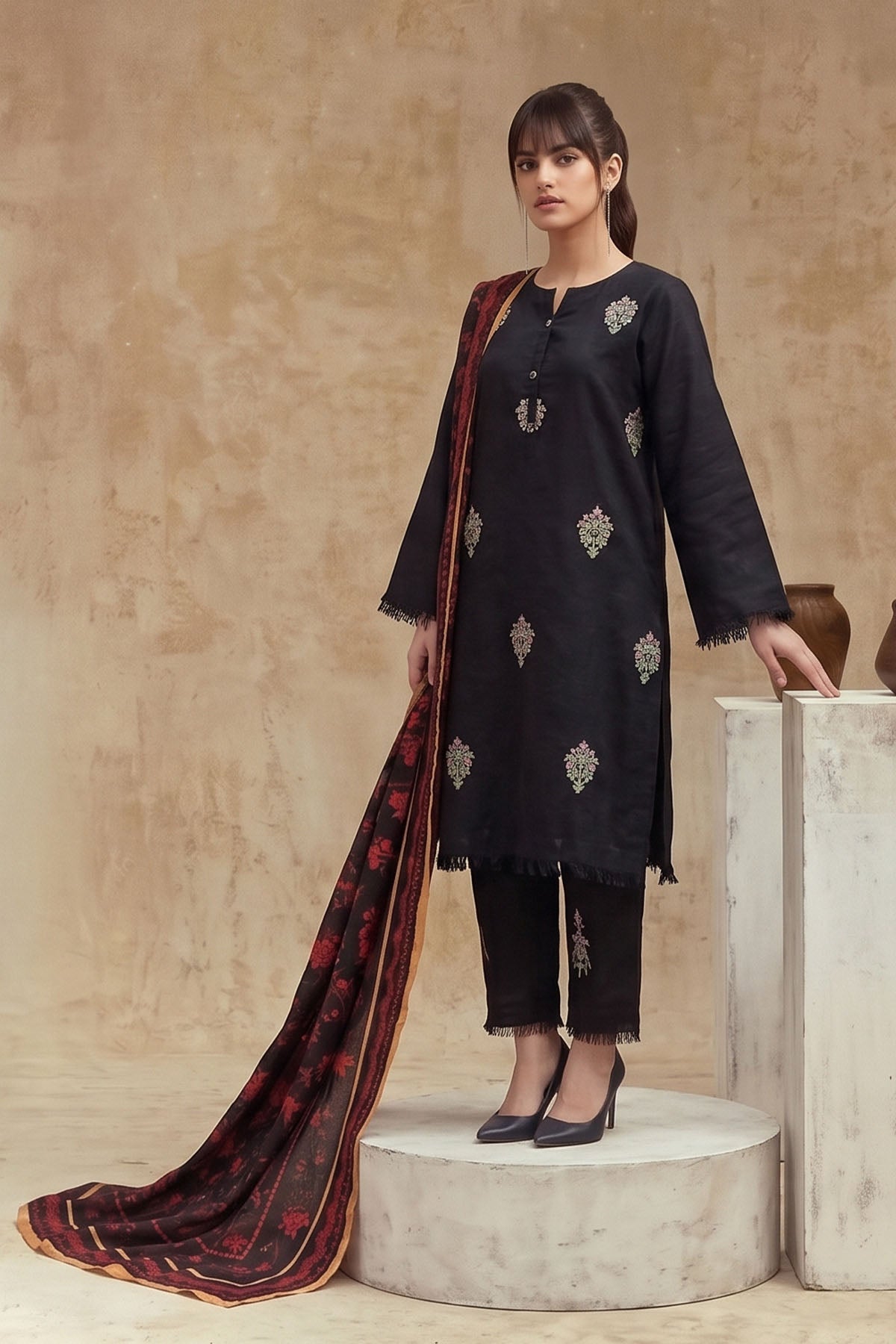 Women 3 Piece Solid Embroidered Suit - LDS2141