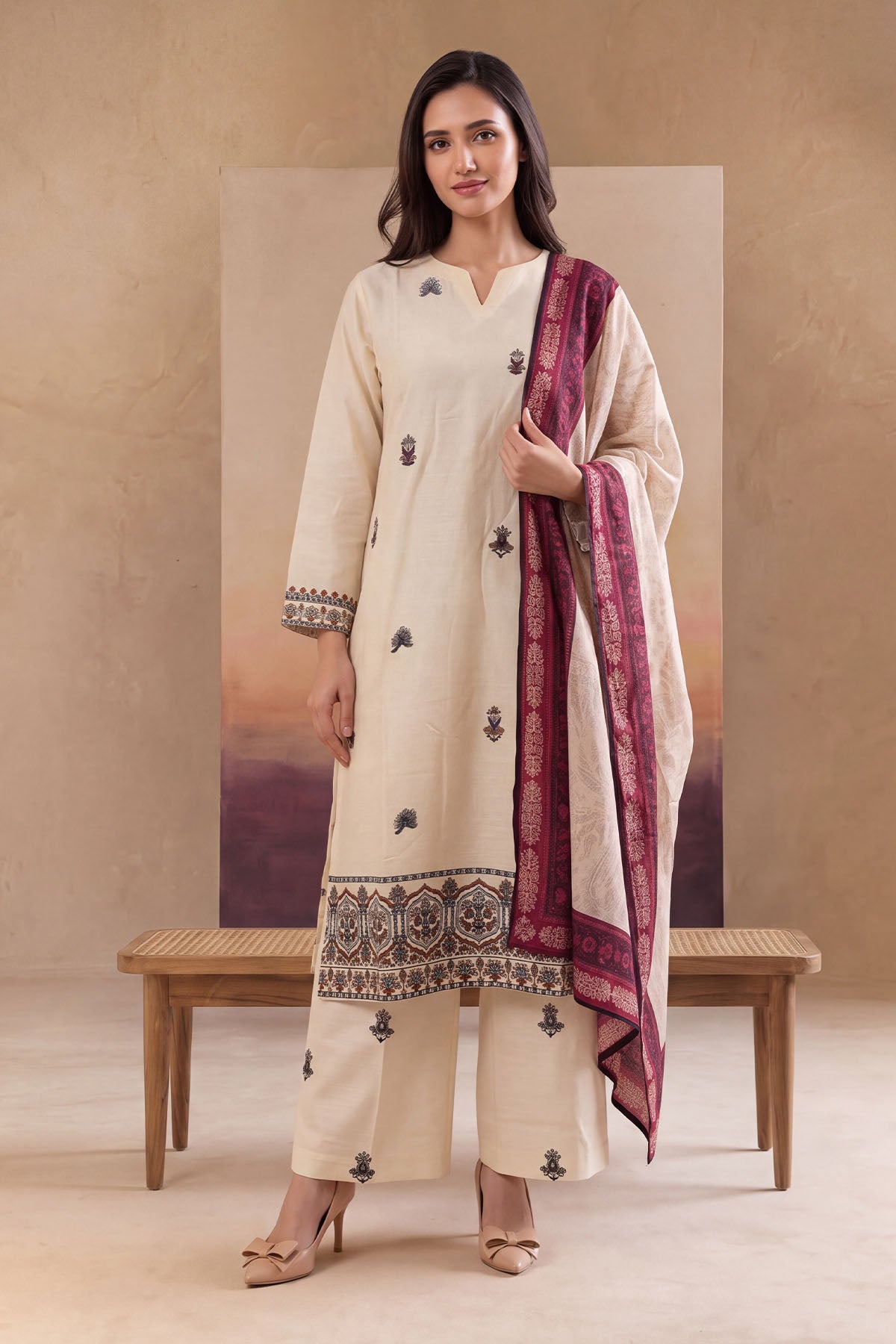 Women 3 Piece Solid Embroidered Suit - LDS2204